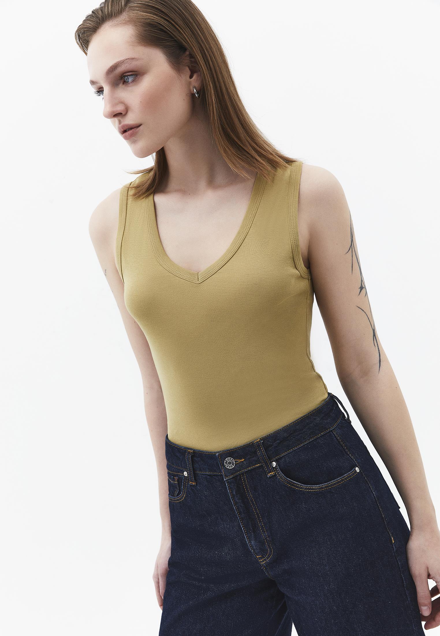 V Neck Bodycon Rib Tank Top - KHAKI