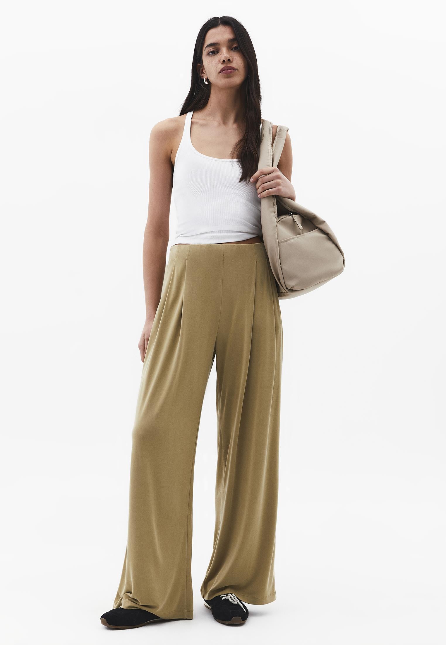 Wide Leg Elastic Waist Pants - KHAKI