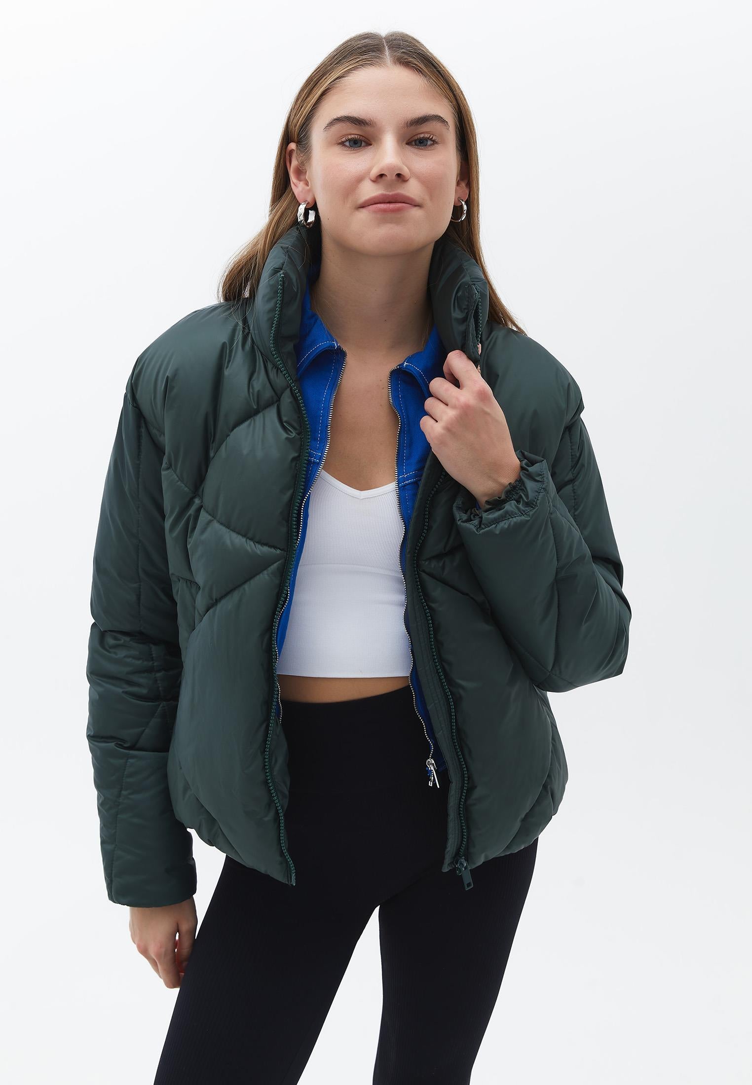 High Neck Long Sleeve Coat - KOMBU GREEN