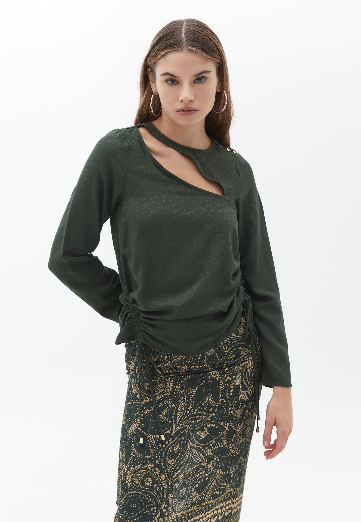 Long Sleeve Blouse With Cutout Detail - KOMBU GREEN