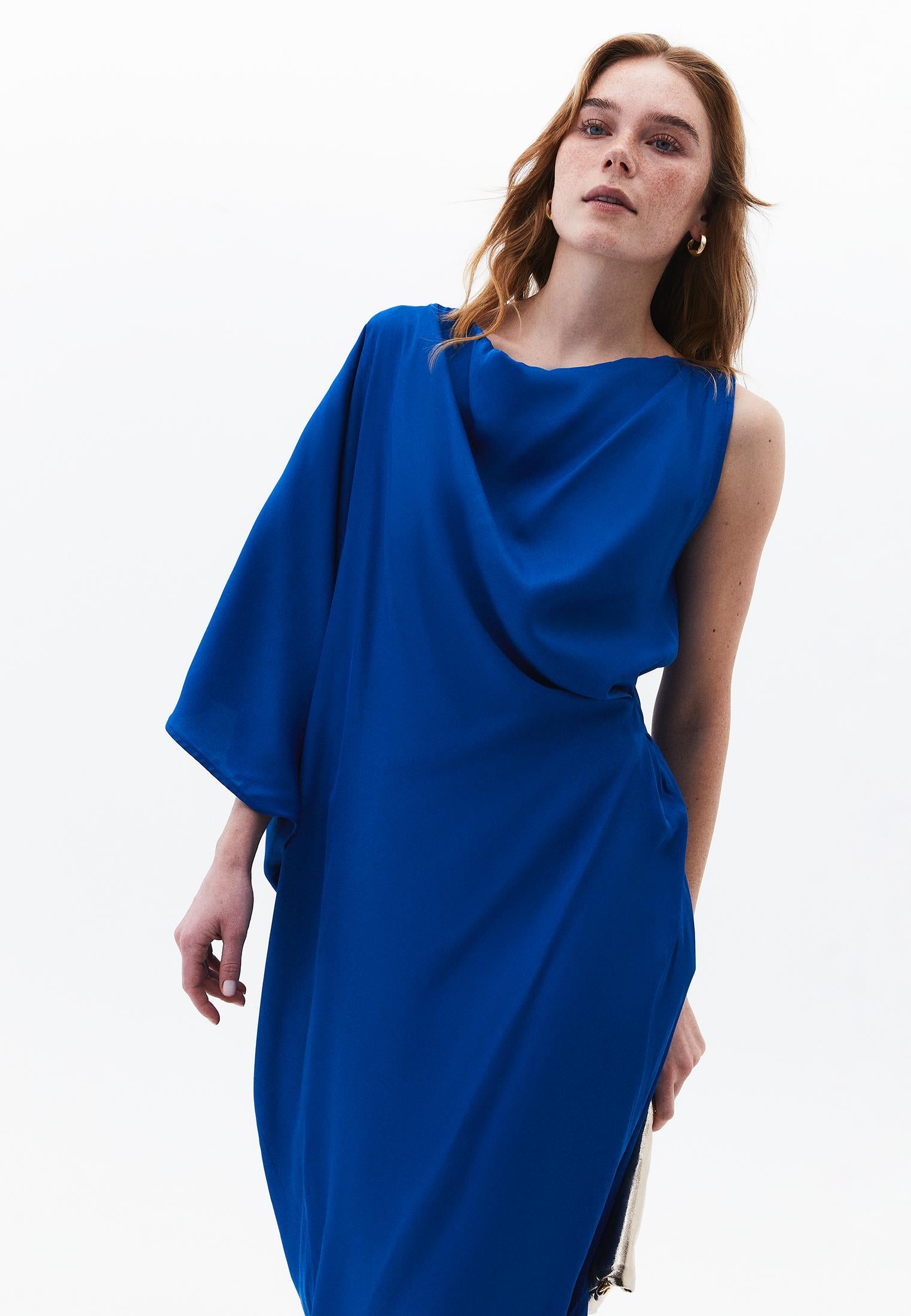 Oversize Dega Neck Asymmetric Midi Dress - LAPIS BLUE
