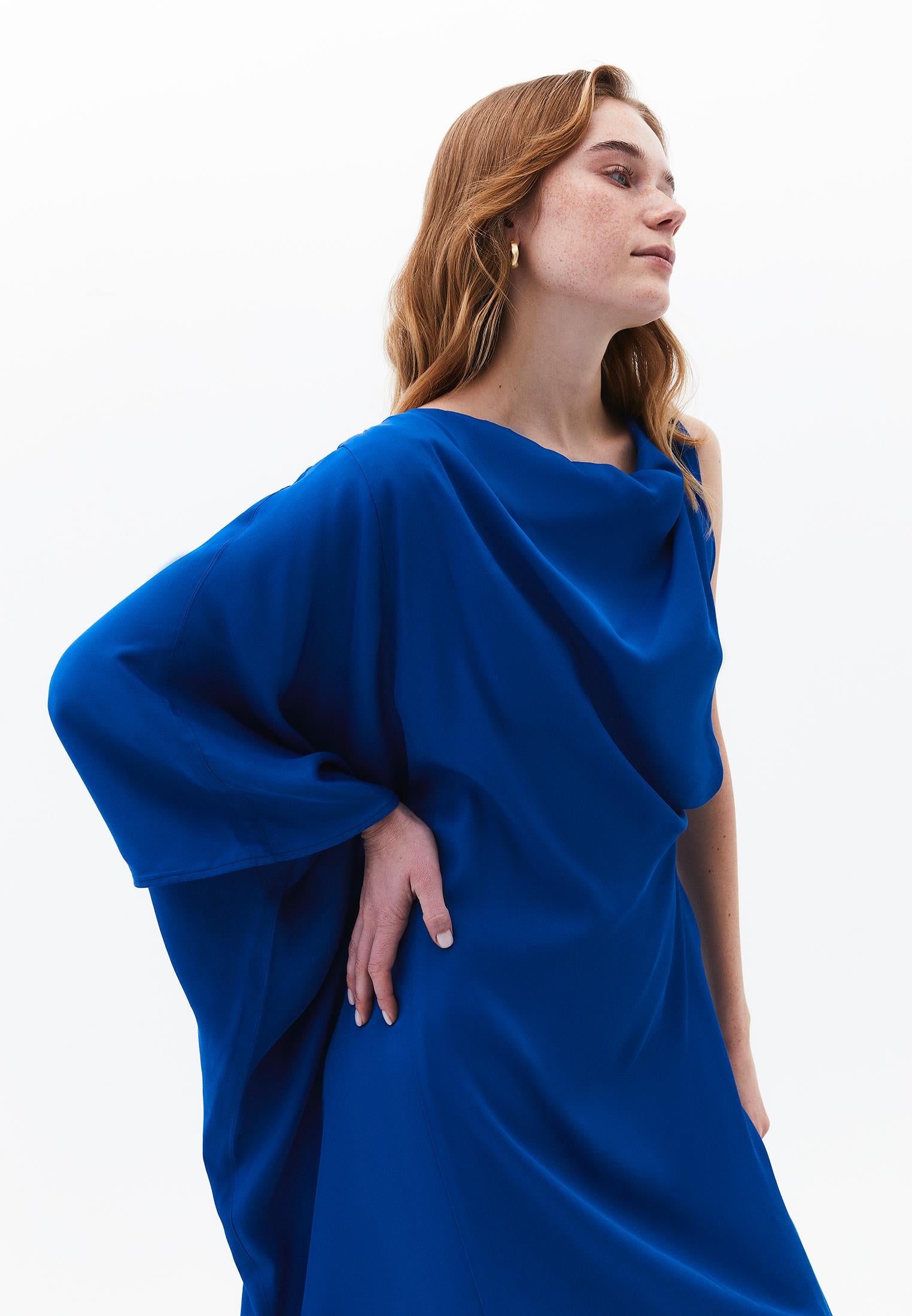 Oversize Dega Neck Asymmetric Midi Dress - LAPIS BLUE