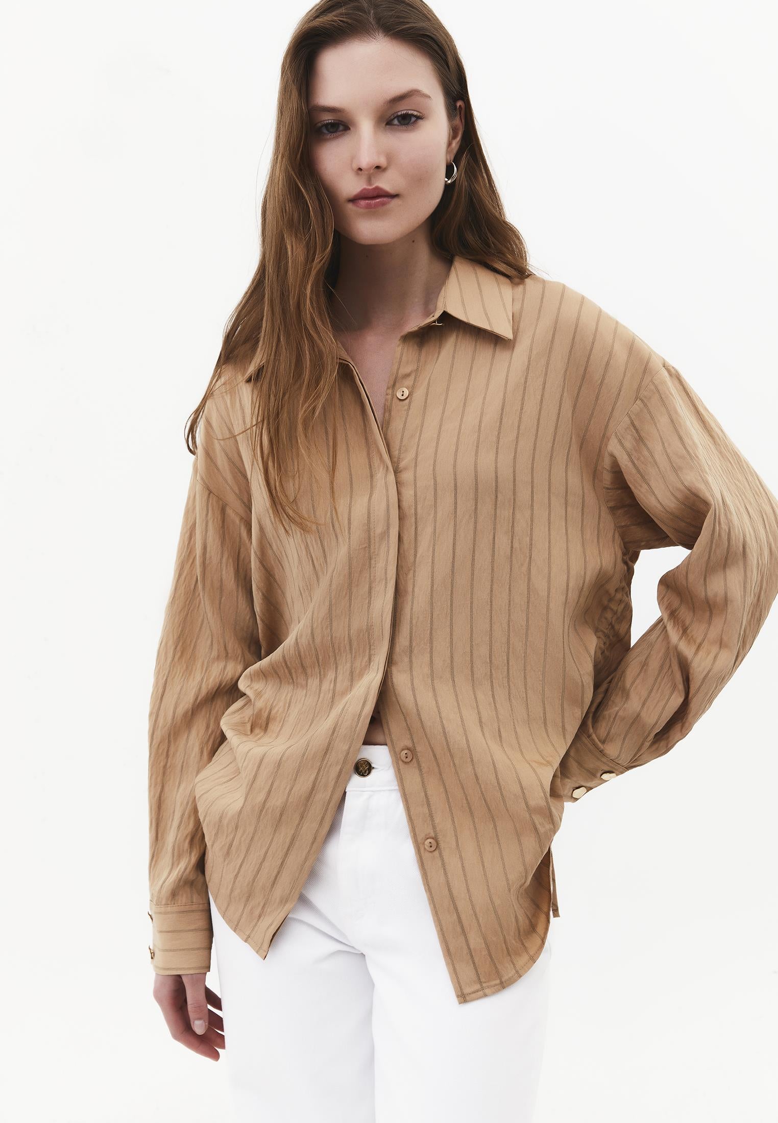 Oversized Long Sleeve Striped Shirt with Button Details - LARK STRIPE