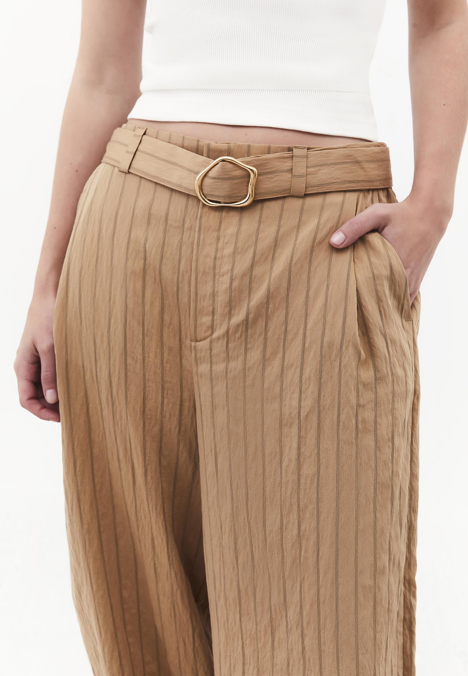 High Waist Belted Striped Barrel Leg Pants - LARK STRIPE
