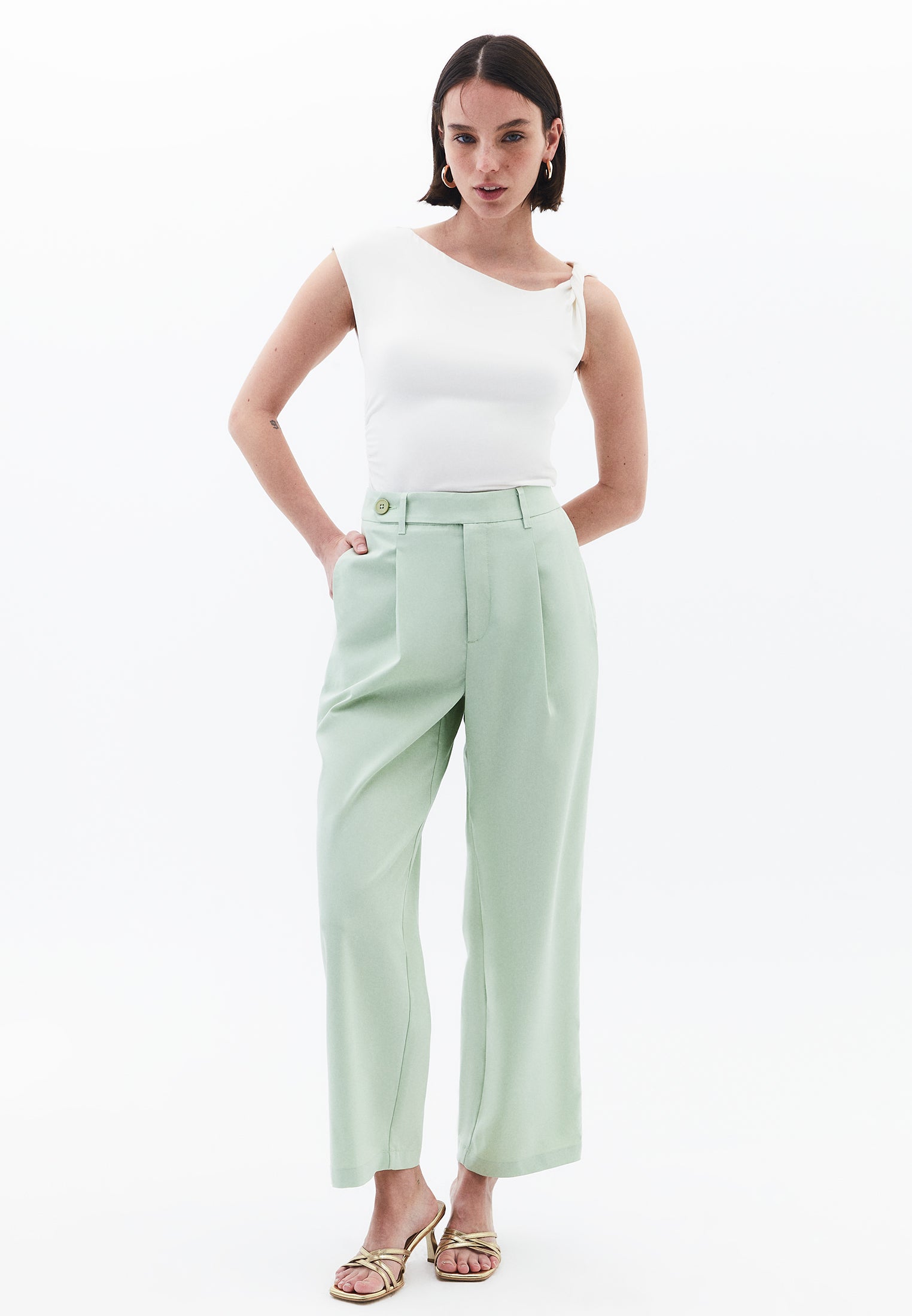 Pleated Straight Leg Pants - LAUREL GREEN