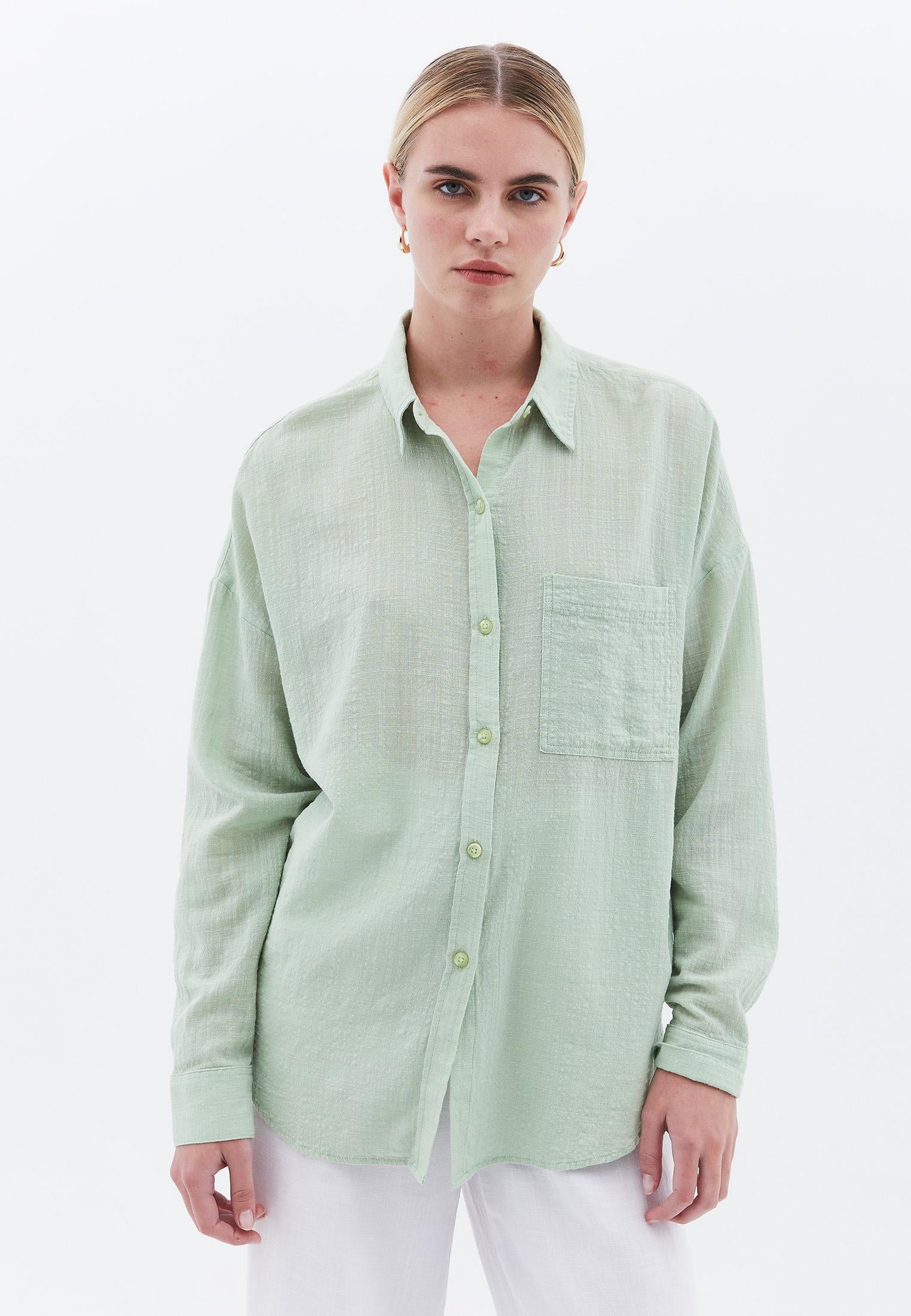 Oversize Long Sleeve Shirt With Pocket Detail - LAUREL GREEN