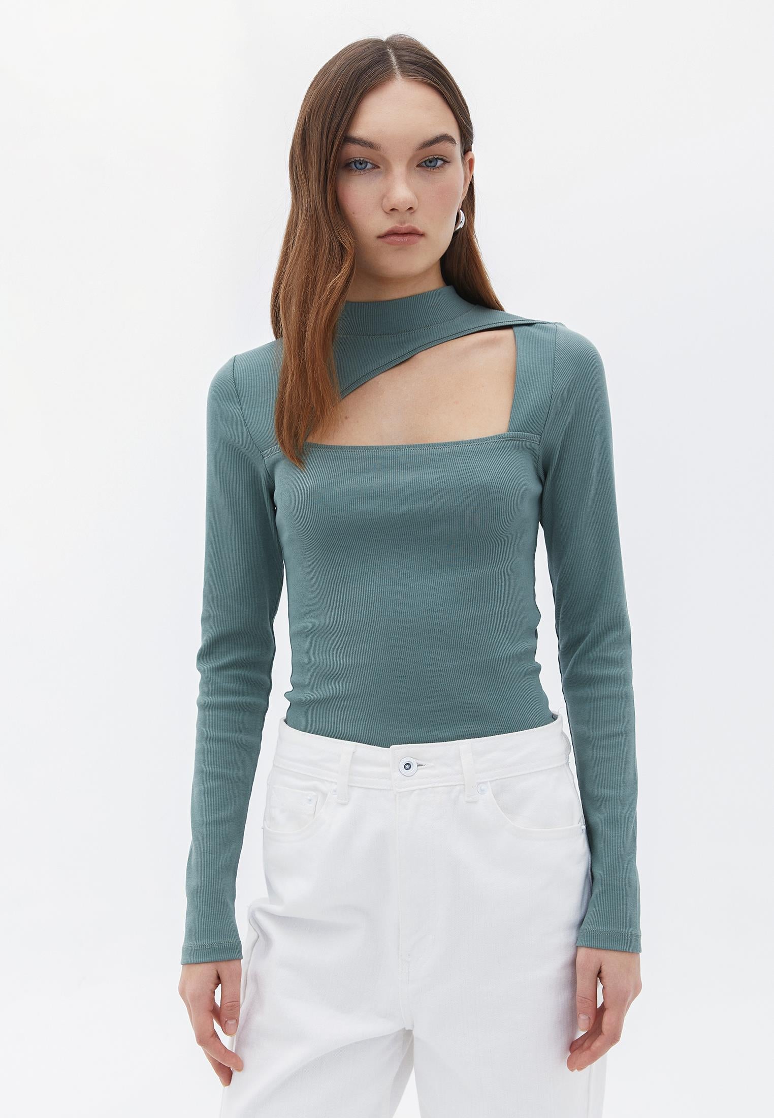 High Neck Long Sleeve Bodycon T-Shirt - LAUREL WREATH