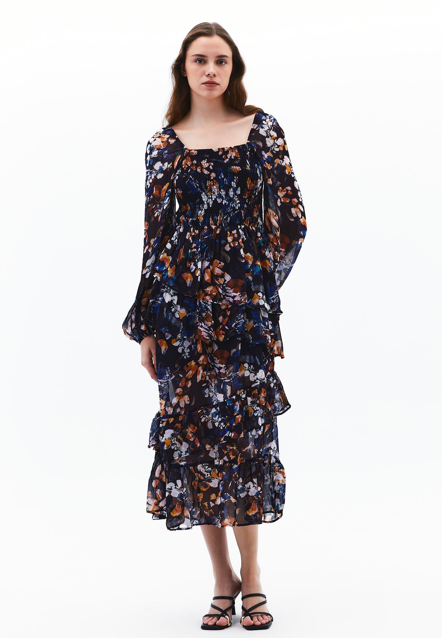 Square Neck Balloon Sleeve Long Dress - LEAF COMB