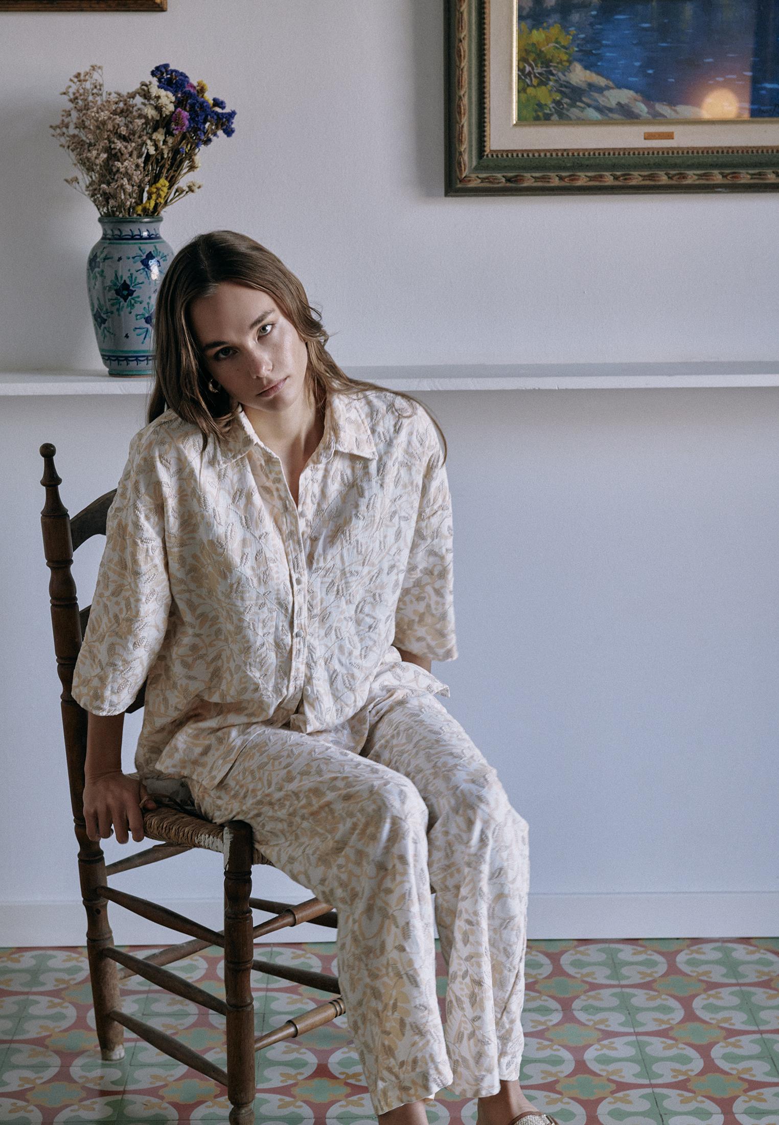Embroidered Buttoned Oversize Shirt - LEAF COMB