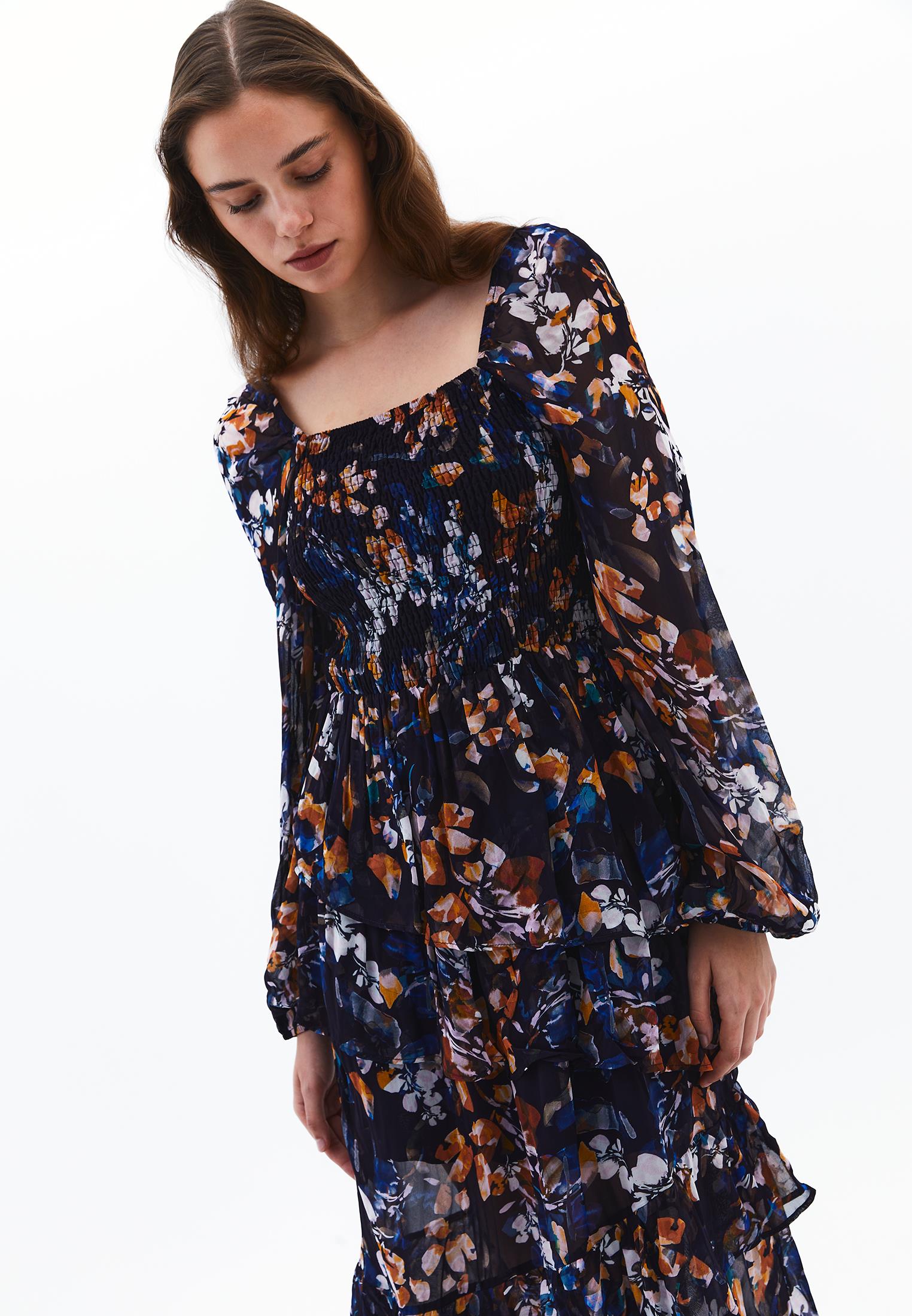 Square Neck Balloon Sleeve Long Dress - LEAF COMB
