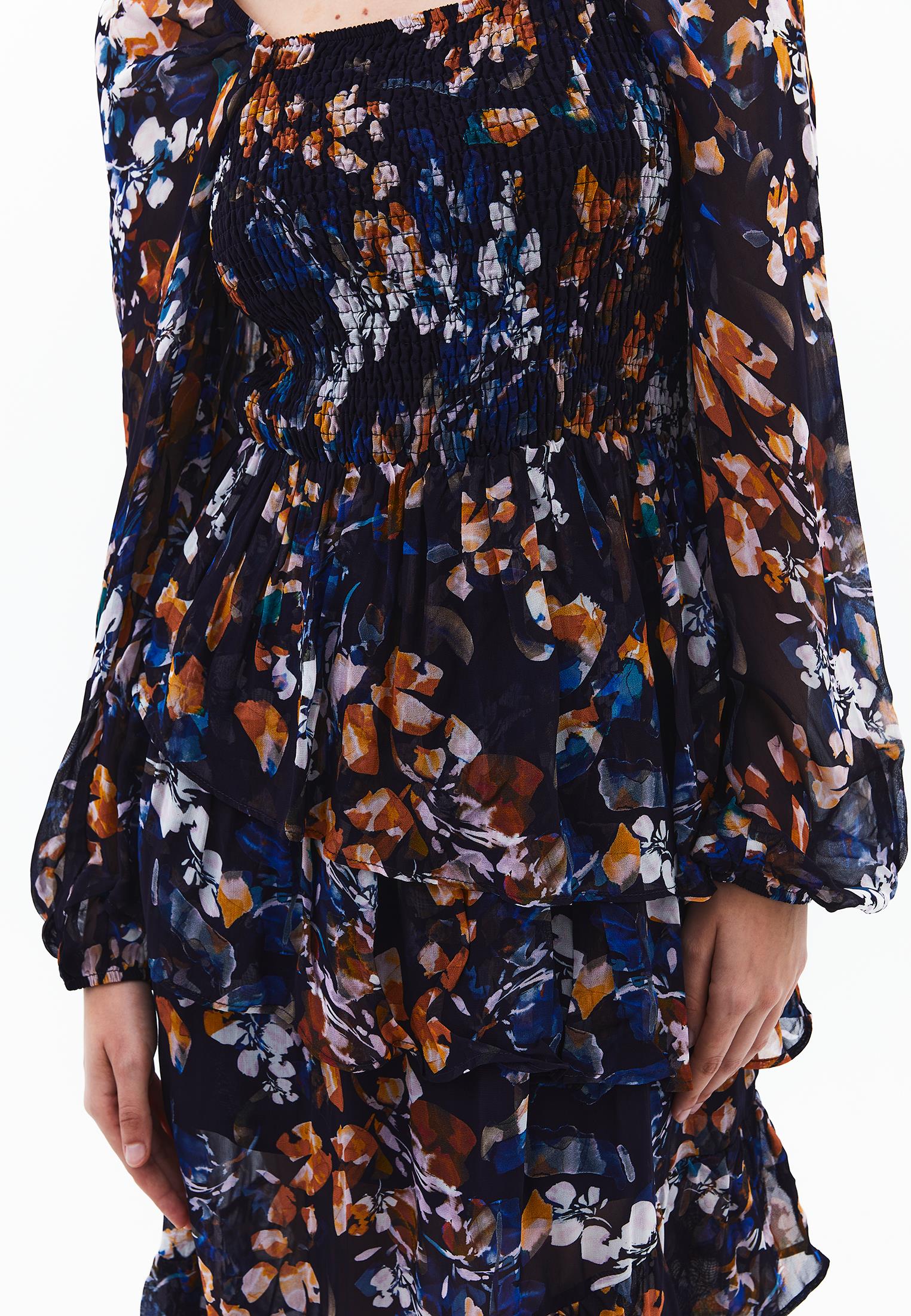 Square Neck Balloon Sleeve Long Dress - LEAF COMB