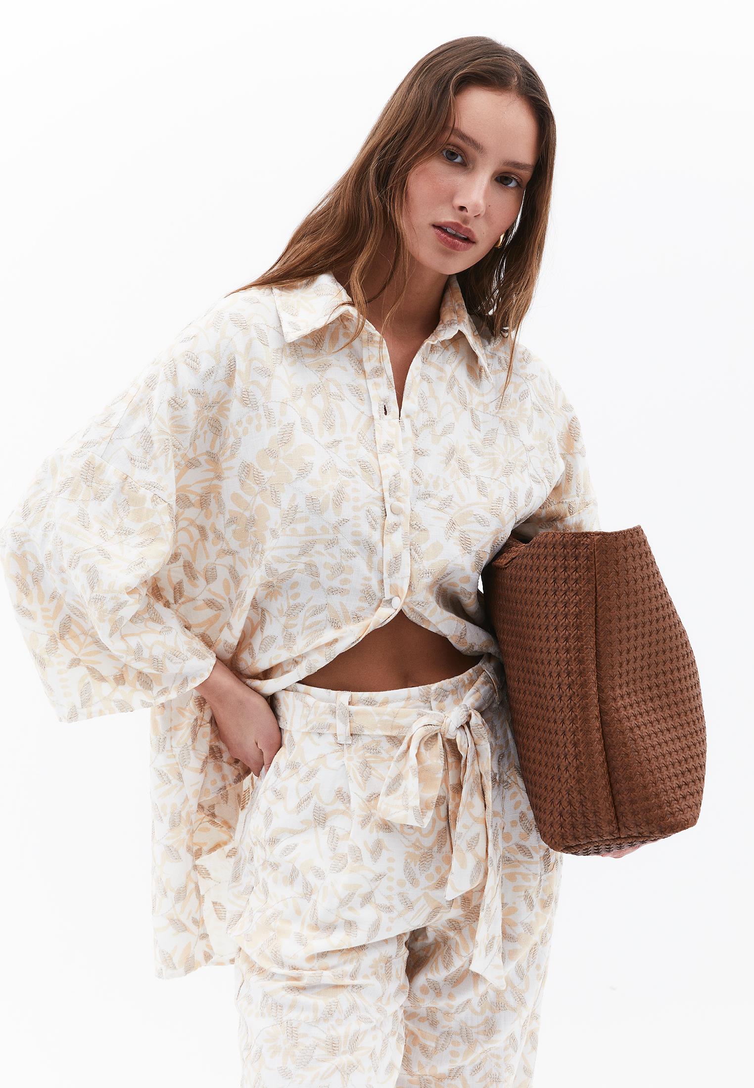 Embroidered Buttoned Oversize Shirt - LEAF COMB