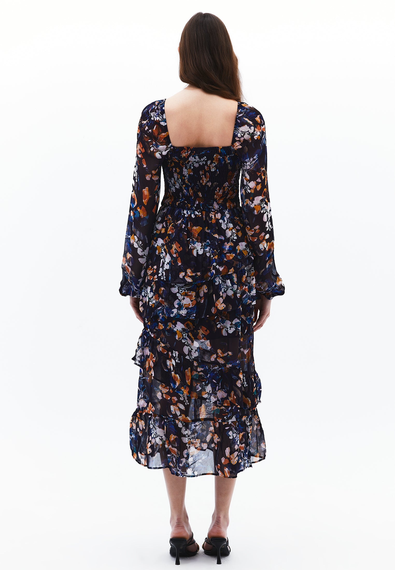 Square Neck Balloon Sleeve Long Dress - LEAF COMB