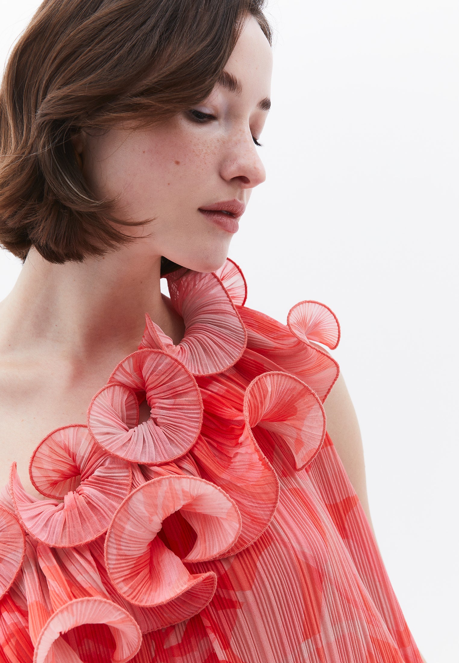 Flared One Shoulder Long Dress With Pleated And Ruffle Details - LEAF COMB