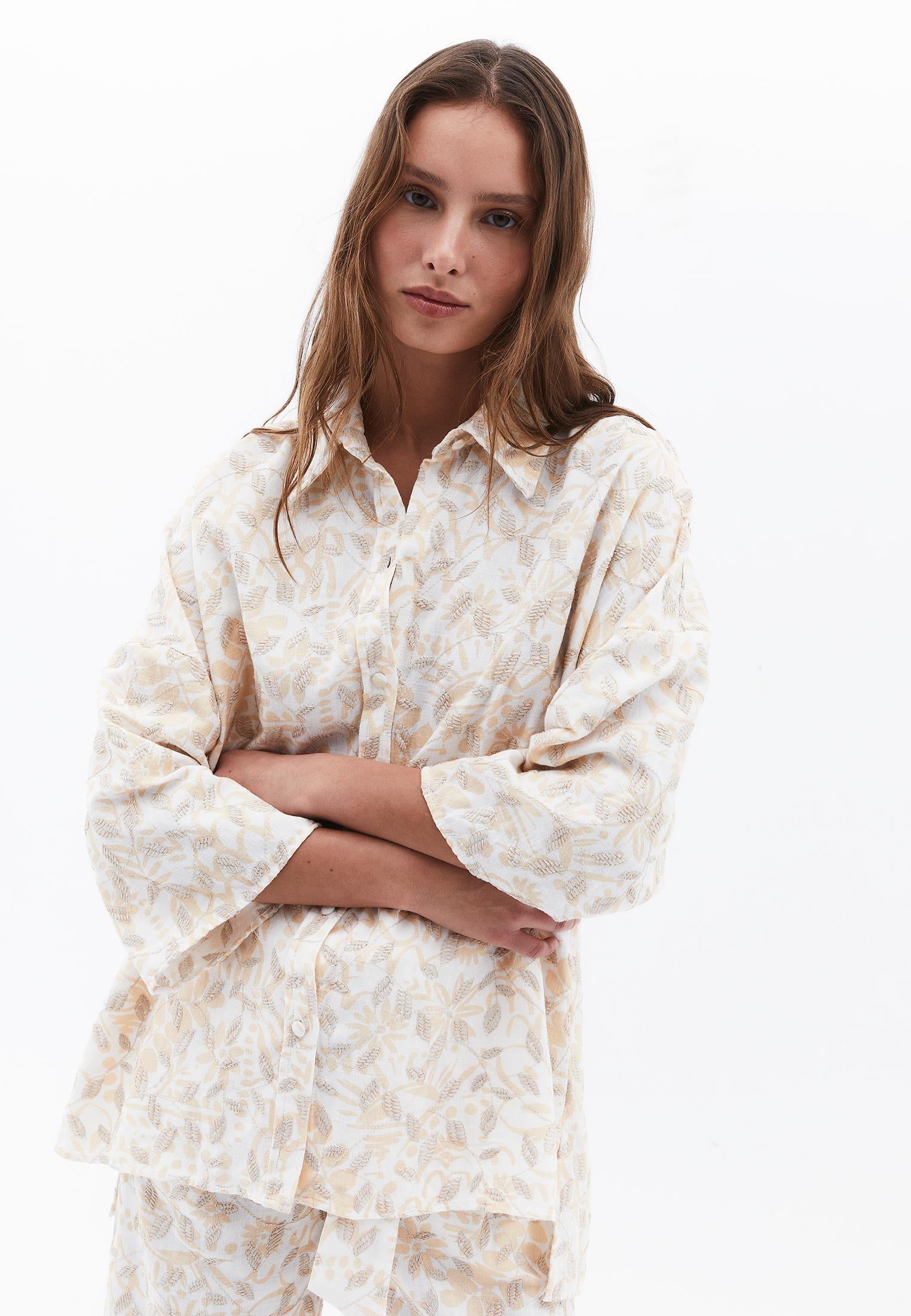 Embroidered Buttoned Oversize Shirt - LEAF COMB
