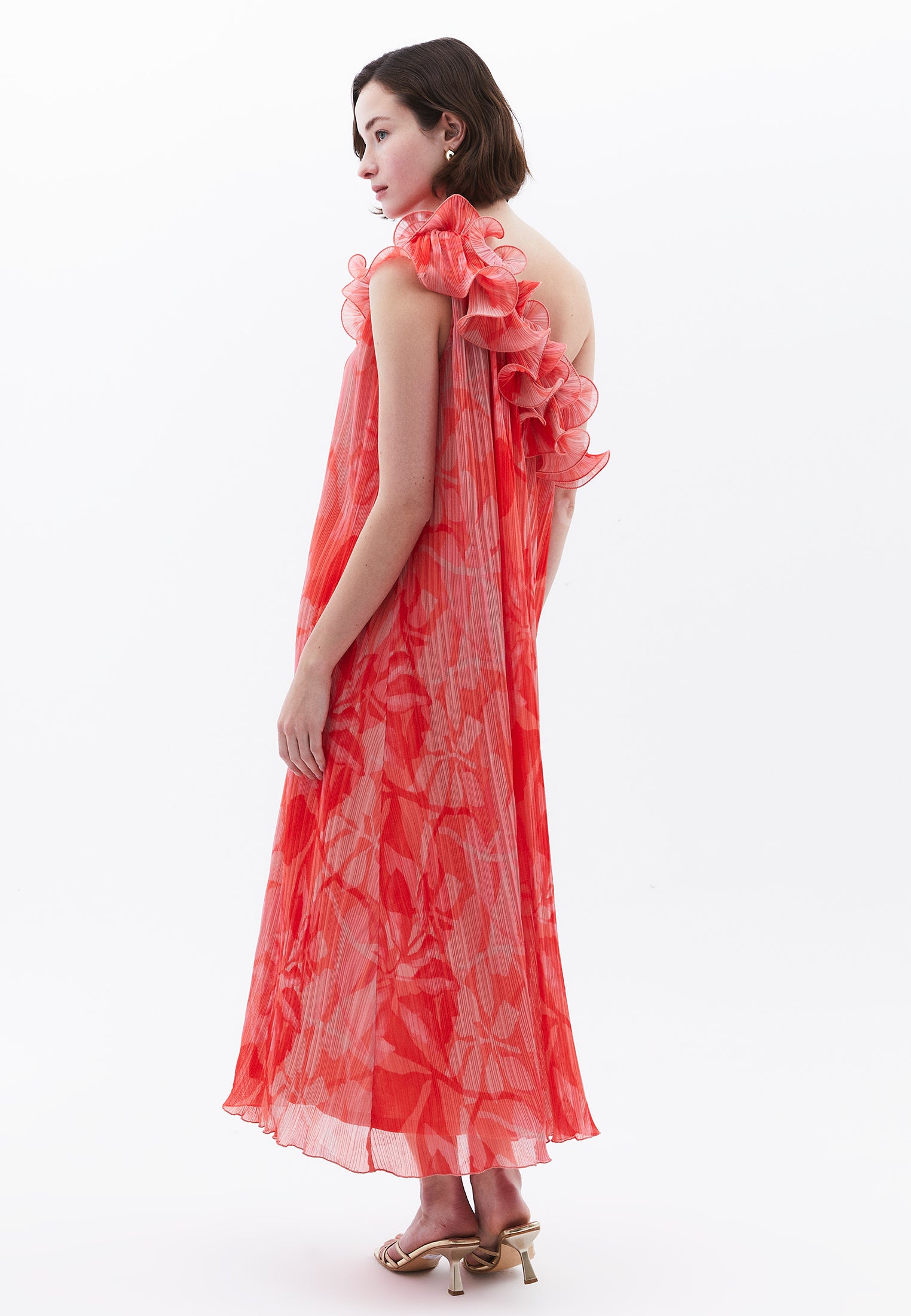 Flared One Shoulder Long Dress With Pleated And Ruffle Details - LEAF COMB