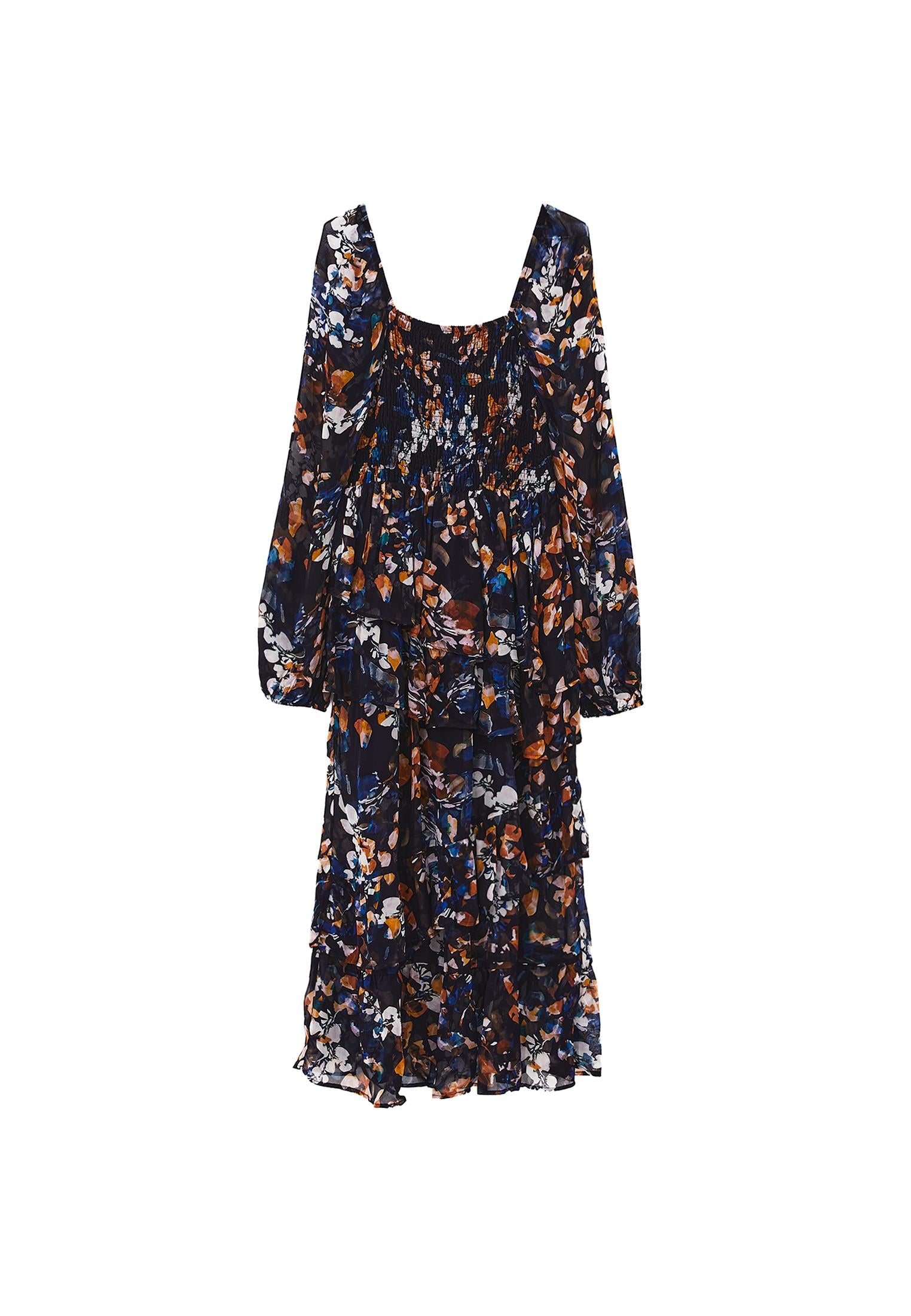 Square Neck Balloon Sleeve Long Dress - LEAF COMB