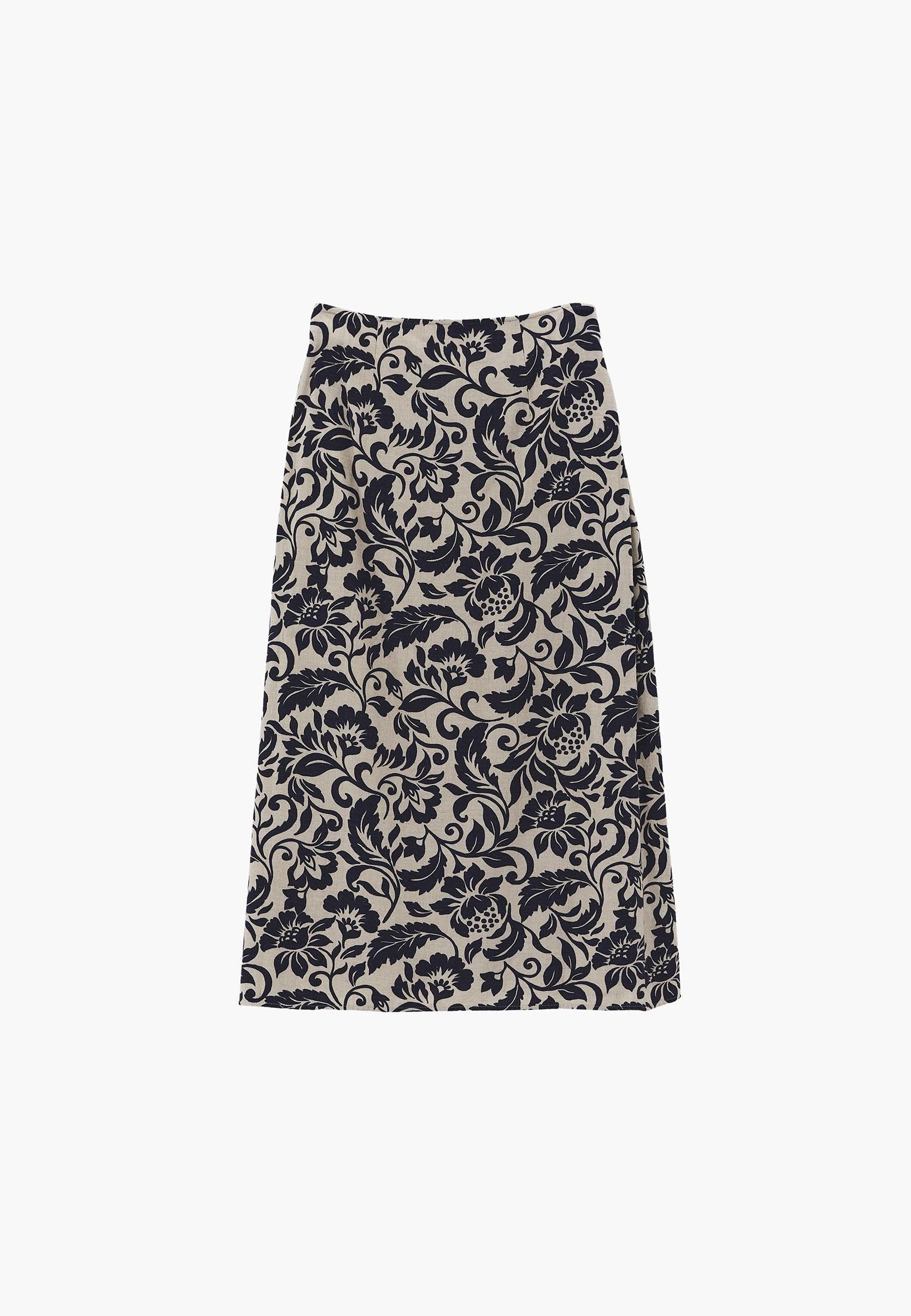 Long Belted Printed A-Line Skirt - LEAF COMB