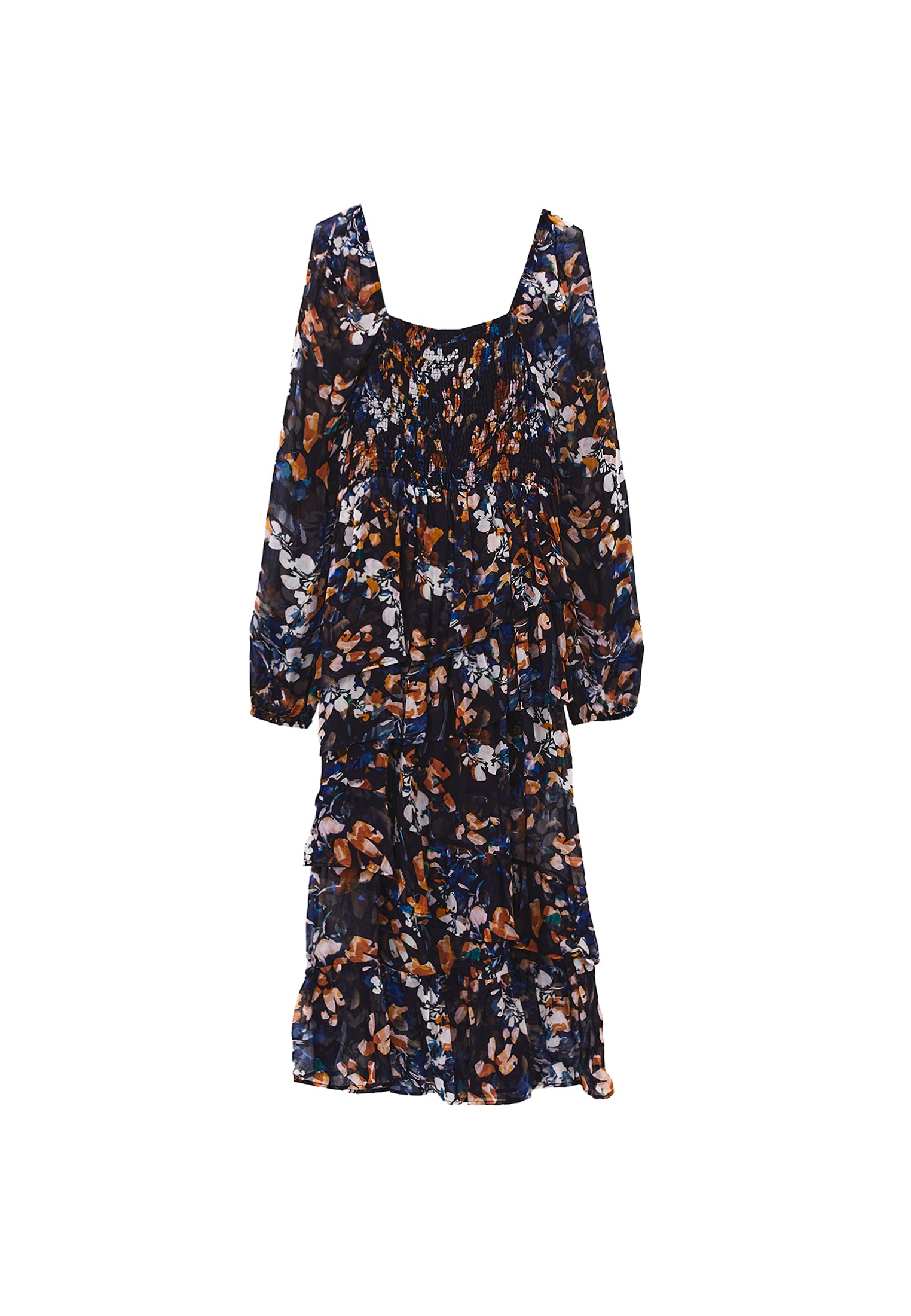 Square Neck Balloon Sleeve Long Dress - LEAF COMB