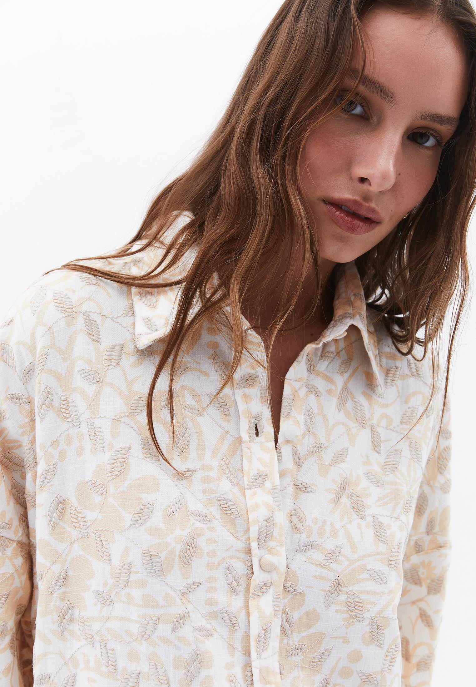 Embroidered Buttoned Oversize Shirt - LEAF COMB