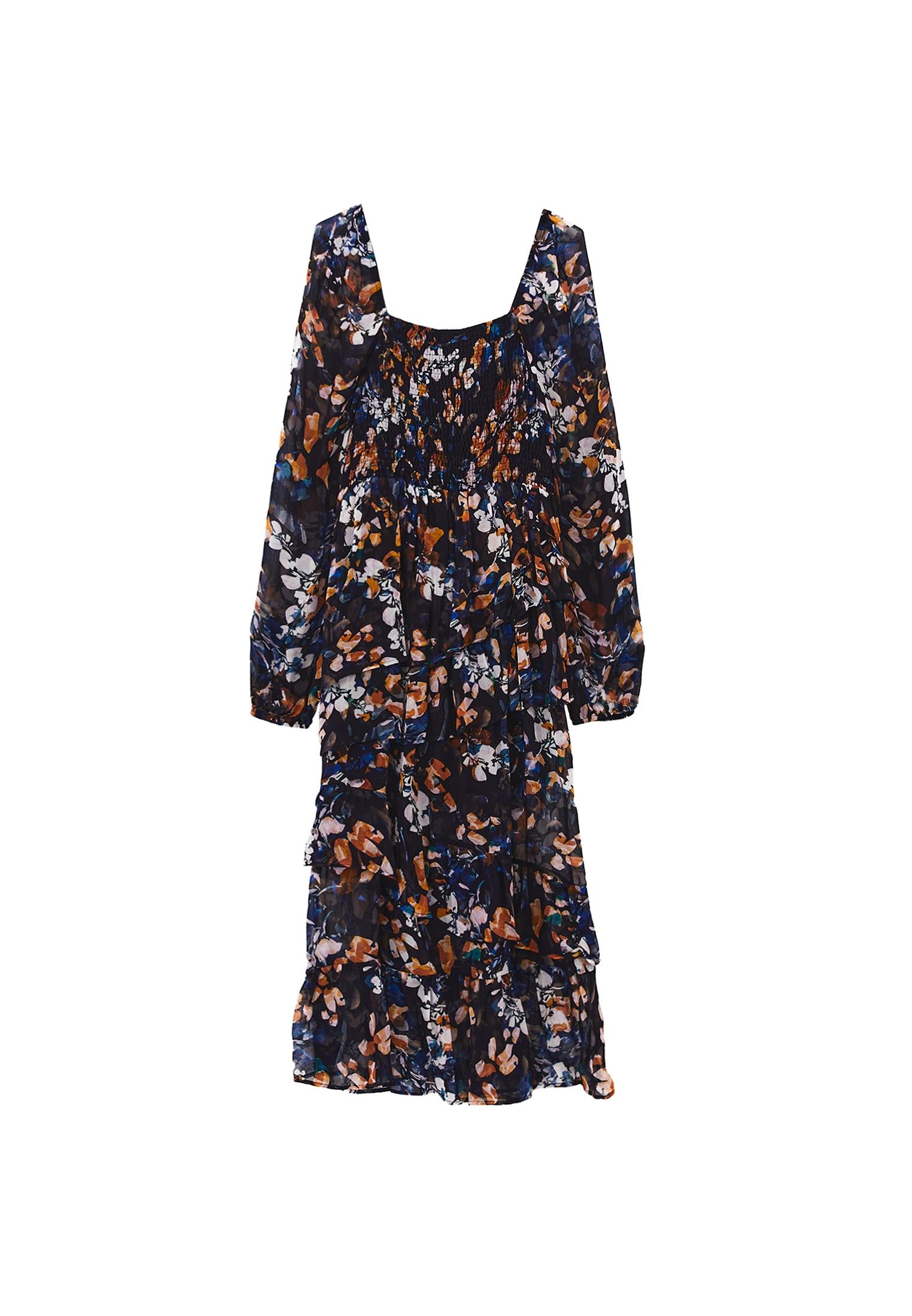 Square Neck Balloon Sleeve Long Dress - LEAF COMB