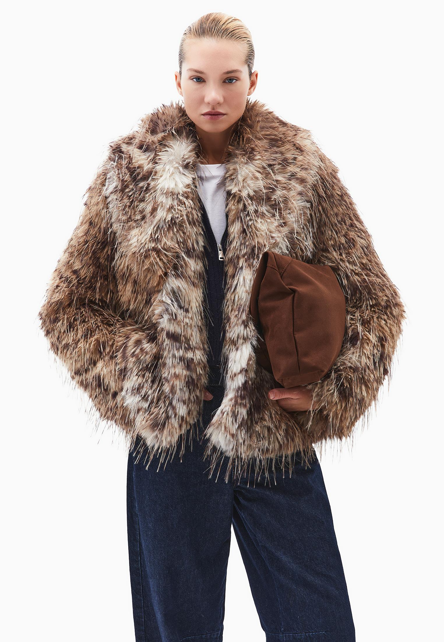 Shawl Collar Faux Fur Jacket - LEO COMB