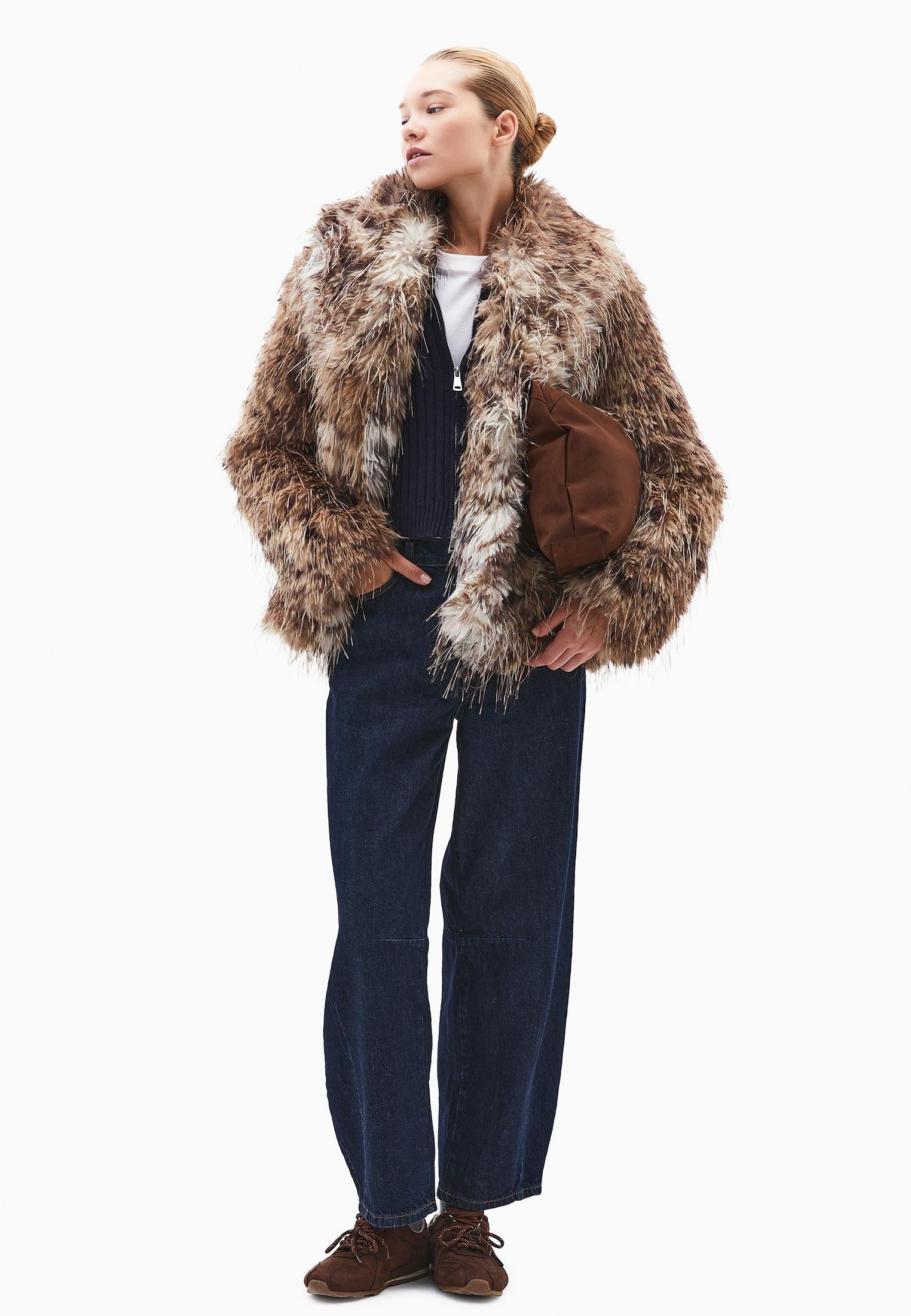 Shawl Collar Faux Fur Jacket - LEO COMB