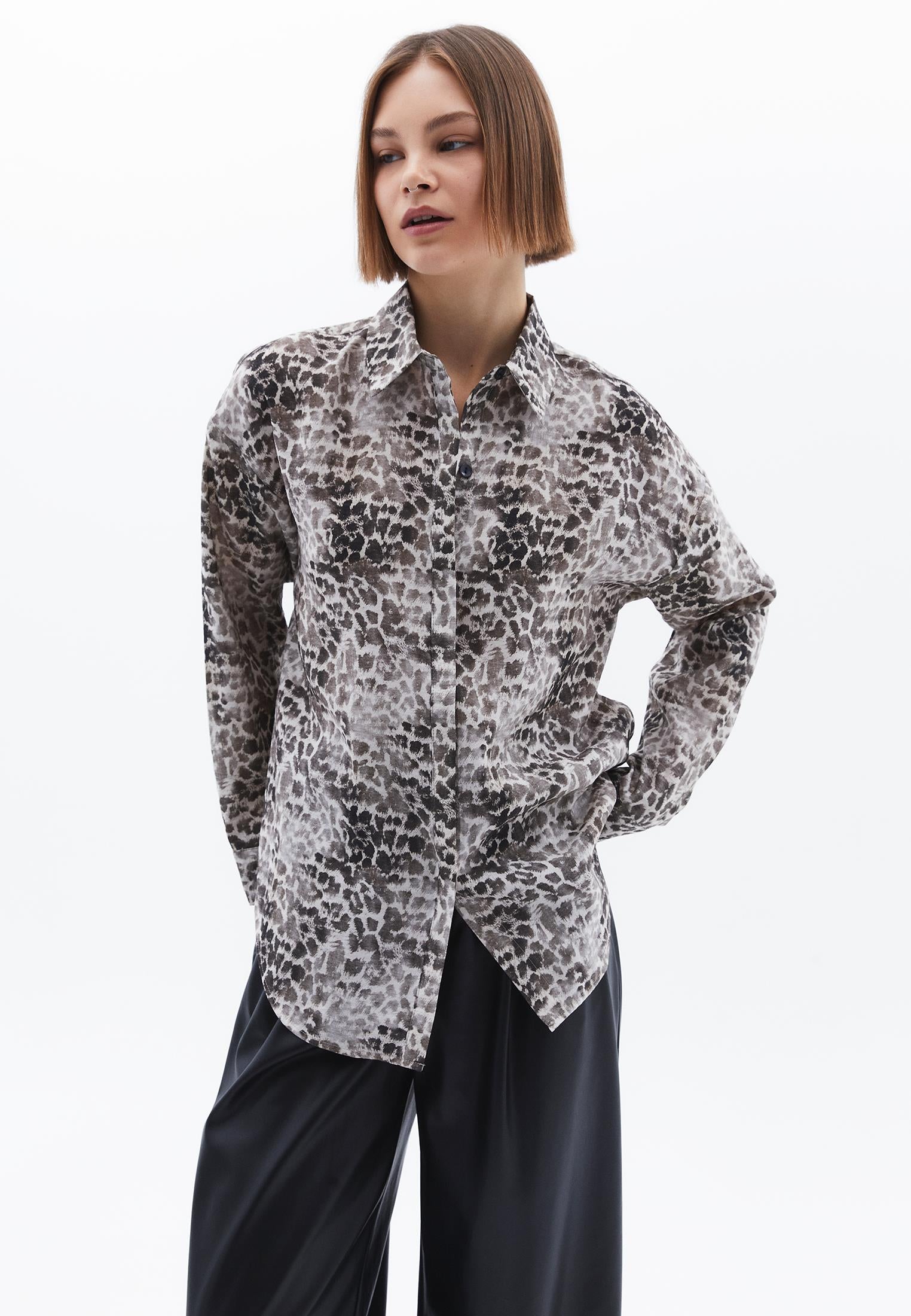 Animal Pattern Button Detailed Oversize Shirt - LEO COMB