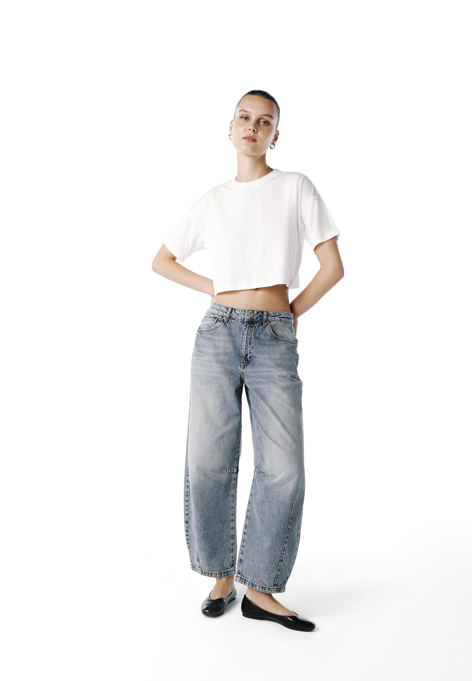 Barrel Leg Trousers With Cut Details - LIGHT BLUE DENIM