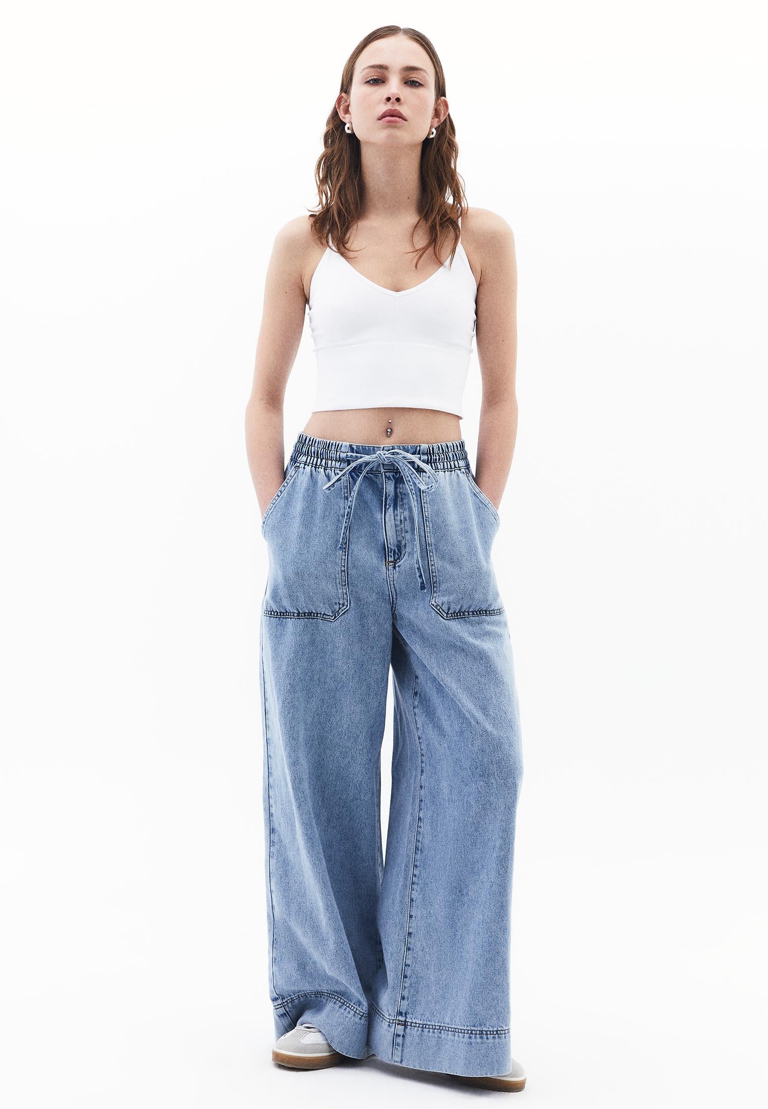 Elasticated High Waist Wide Leg Jeans - LIGHT BLUE DENIM