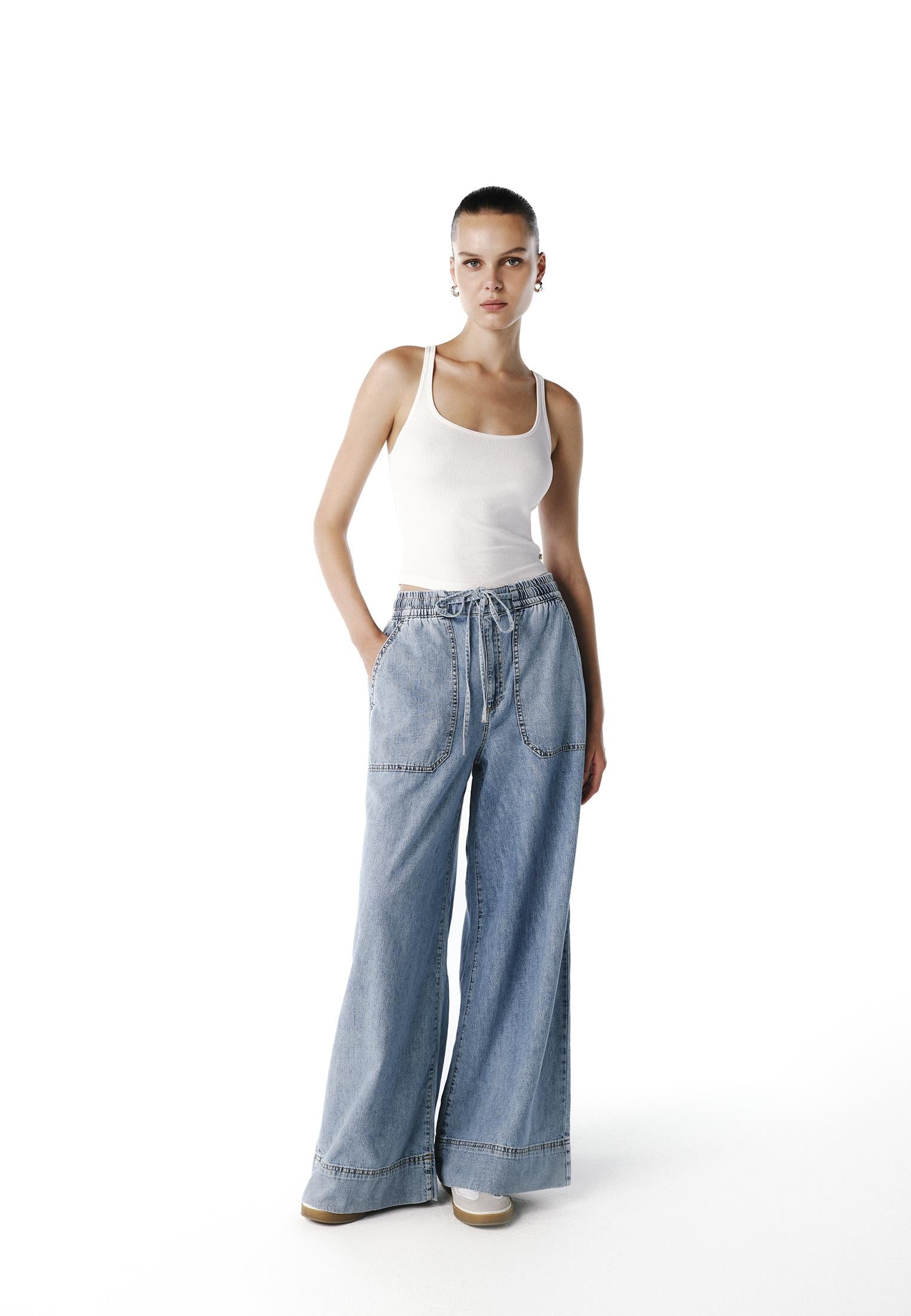 High Waist Wide Leg Long Denim Pants - LIGHT BLUE DENIM