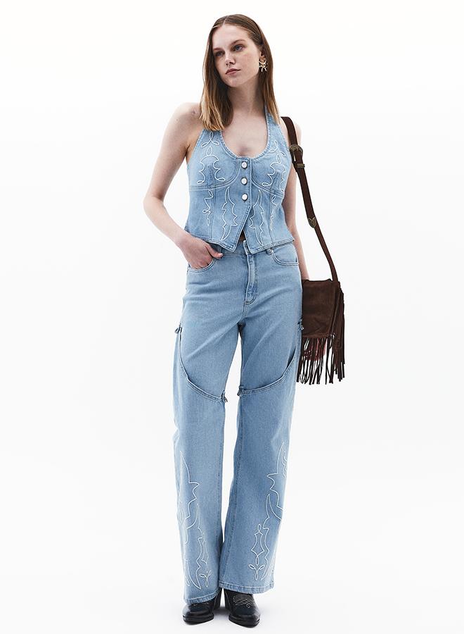 Embroidered High Waist Denim Pants - LIGHT BLUE DENIM