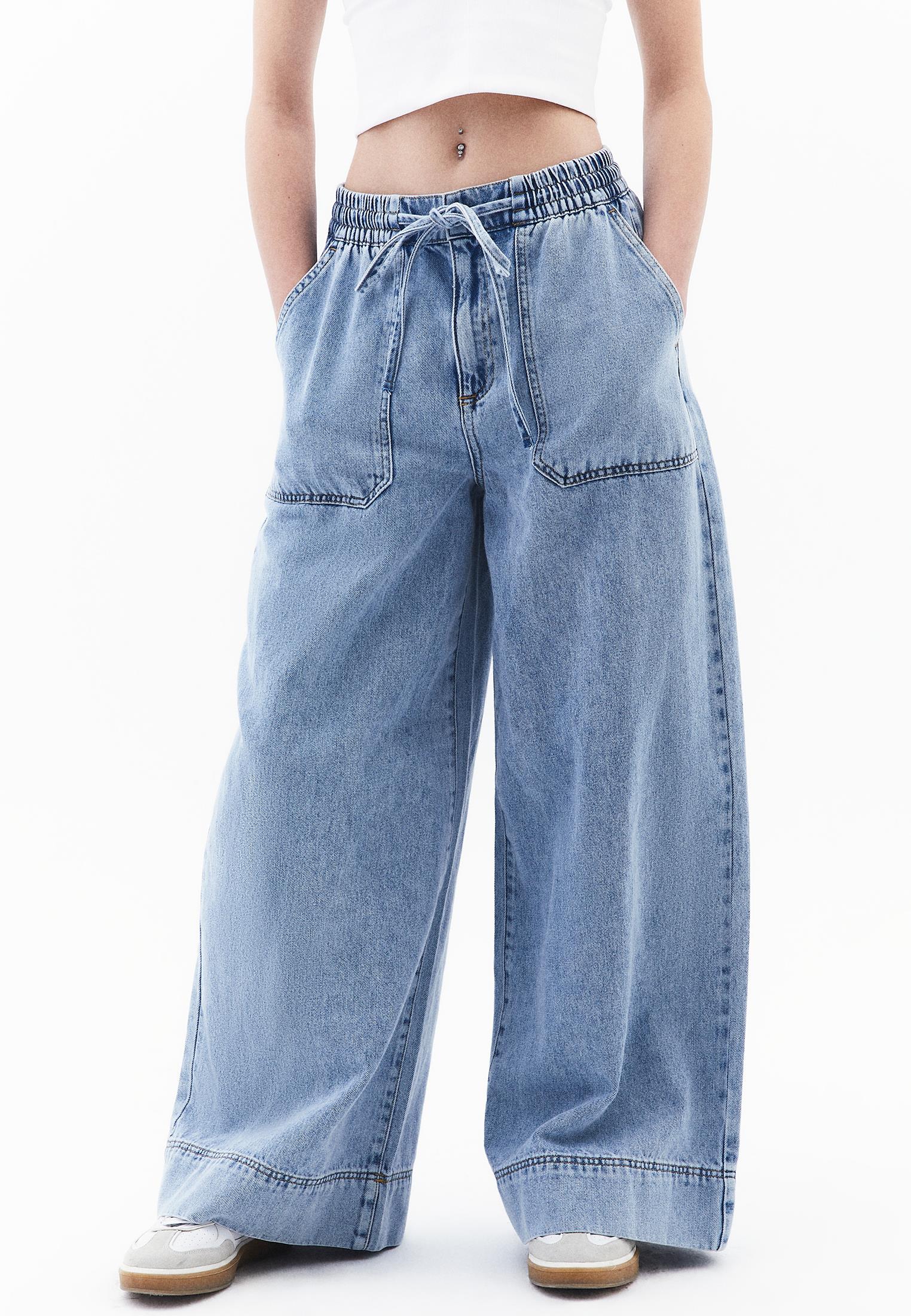 Elasticated High Waist Wide Leg Jeans - LIGHT BLUE DENIM