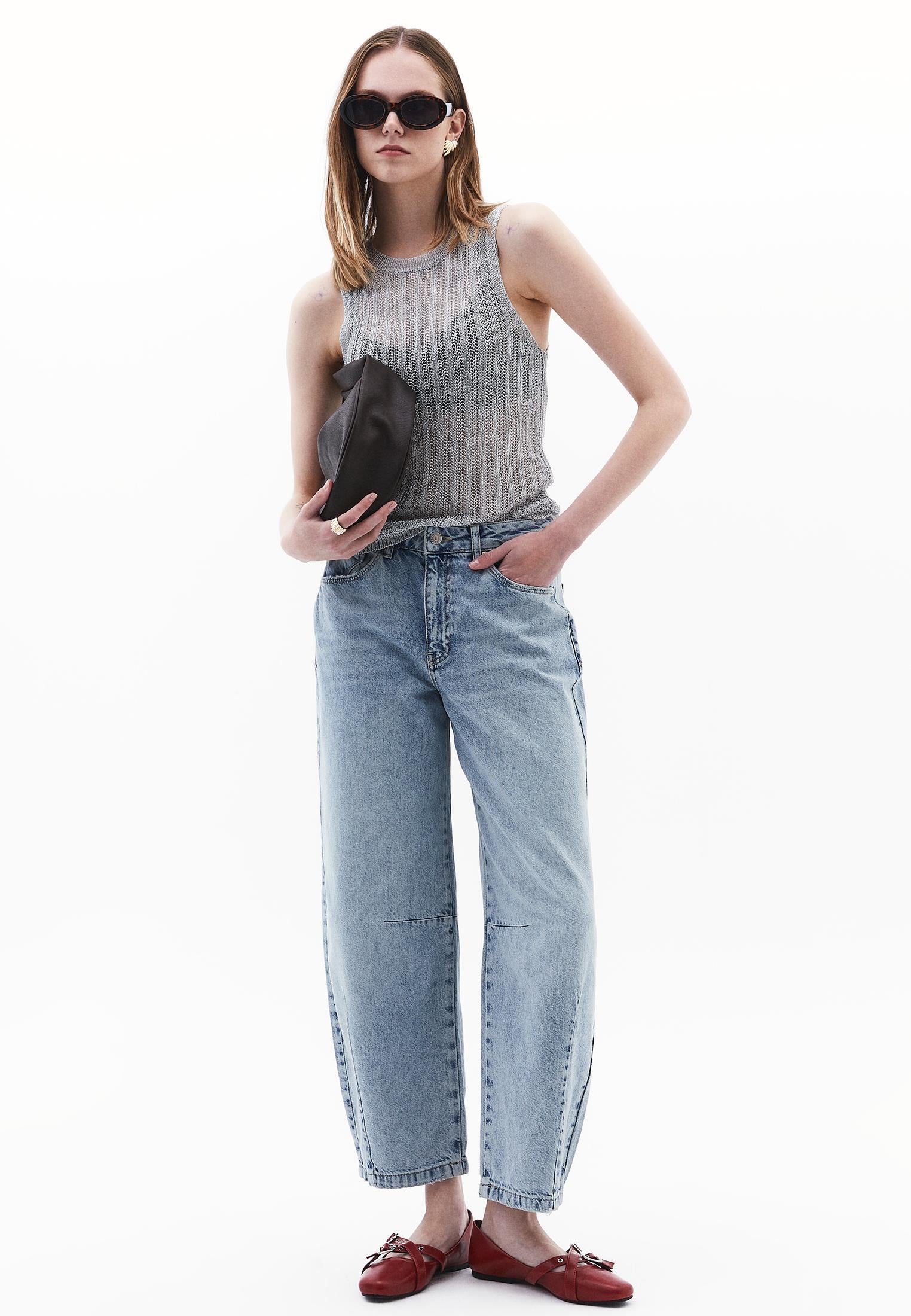 Barrel Leg Trousers With Cut Details - LIGHT BLUE DENIM