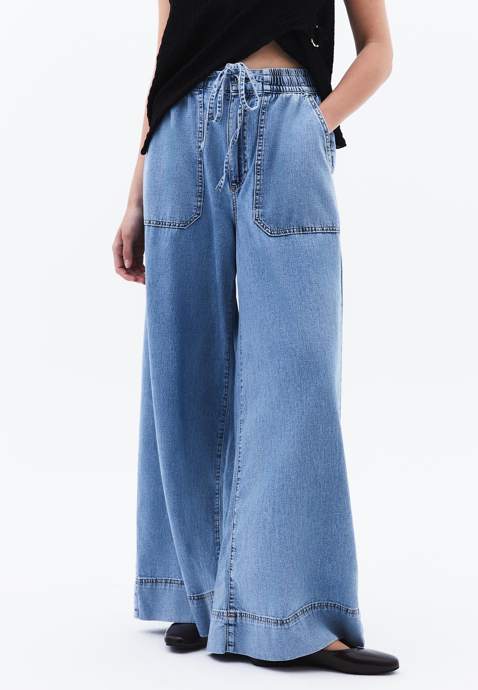 High Waist Wide Leg Long Denim Pants - LIGHT BLUE DENIM