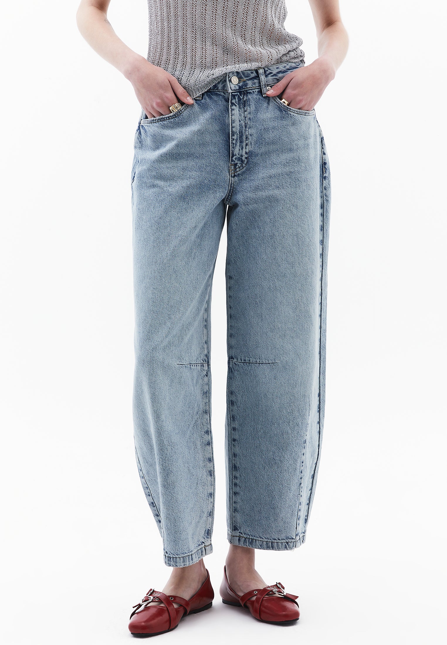 Barrel Leg Trousers With Cut Details - LIGHT BLUE DENIM