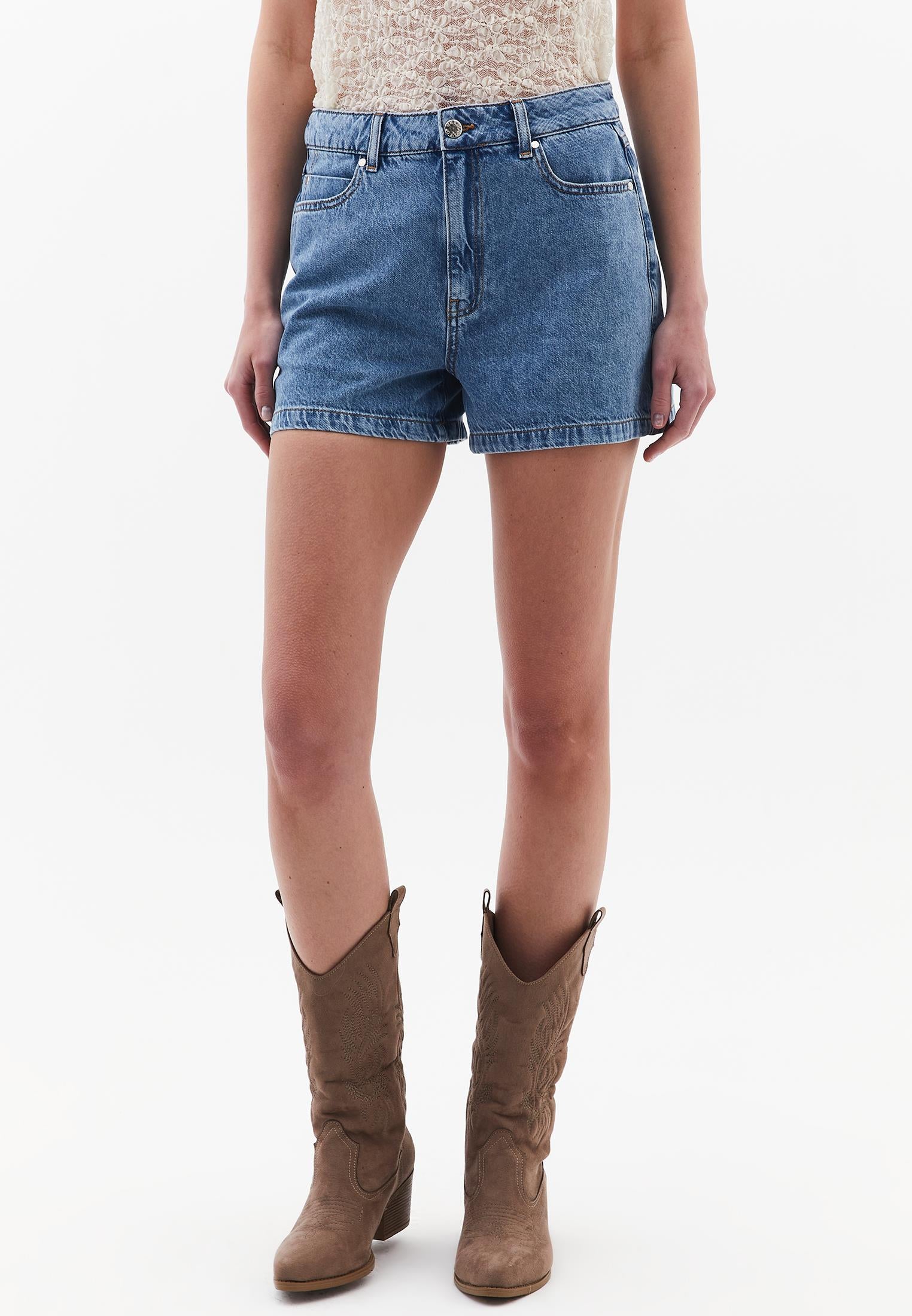 High Waist Pocket Detailed Denim Shorts - LIGHT BLUE DENIM