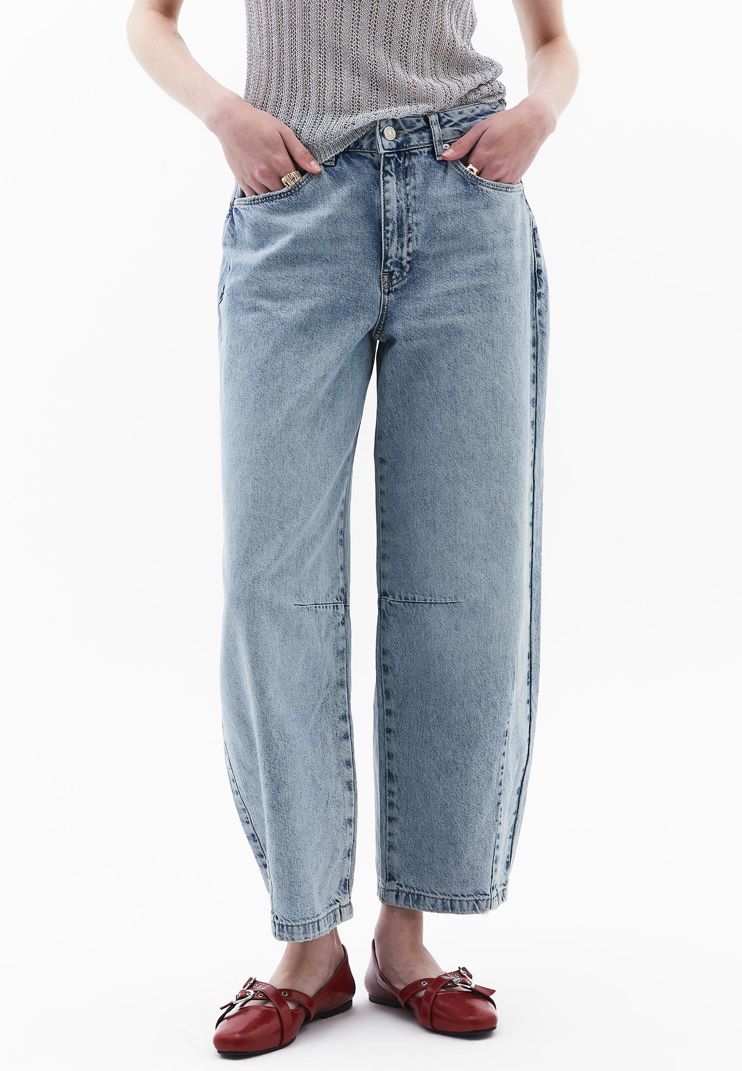 Barrel Leg Trousers With Cut Details - LIGHT BLUE DENIM