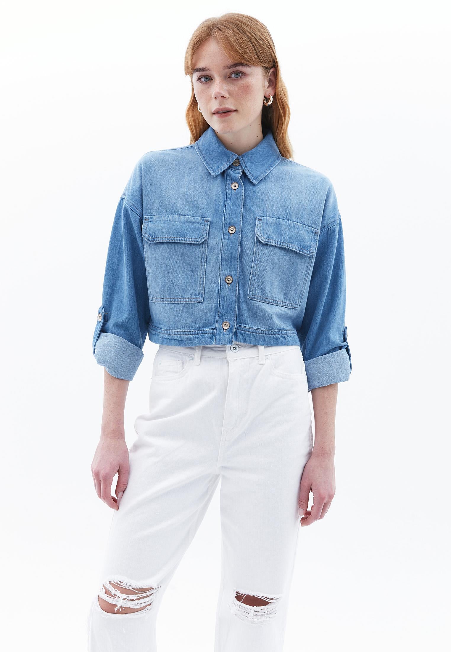 Cotton Shirt With Pockets - LIGHT BLUE DENIM