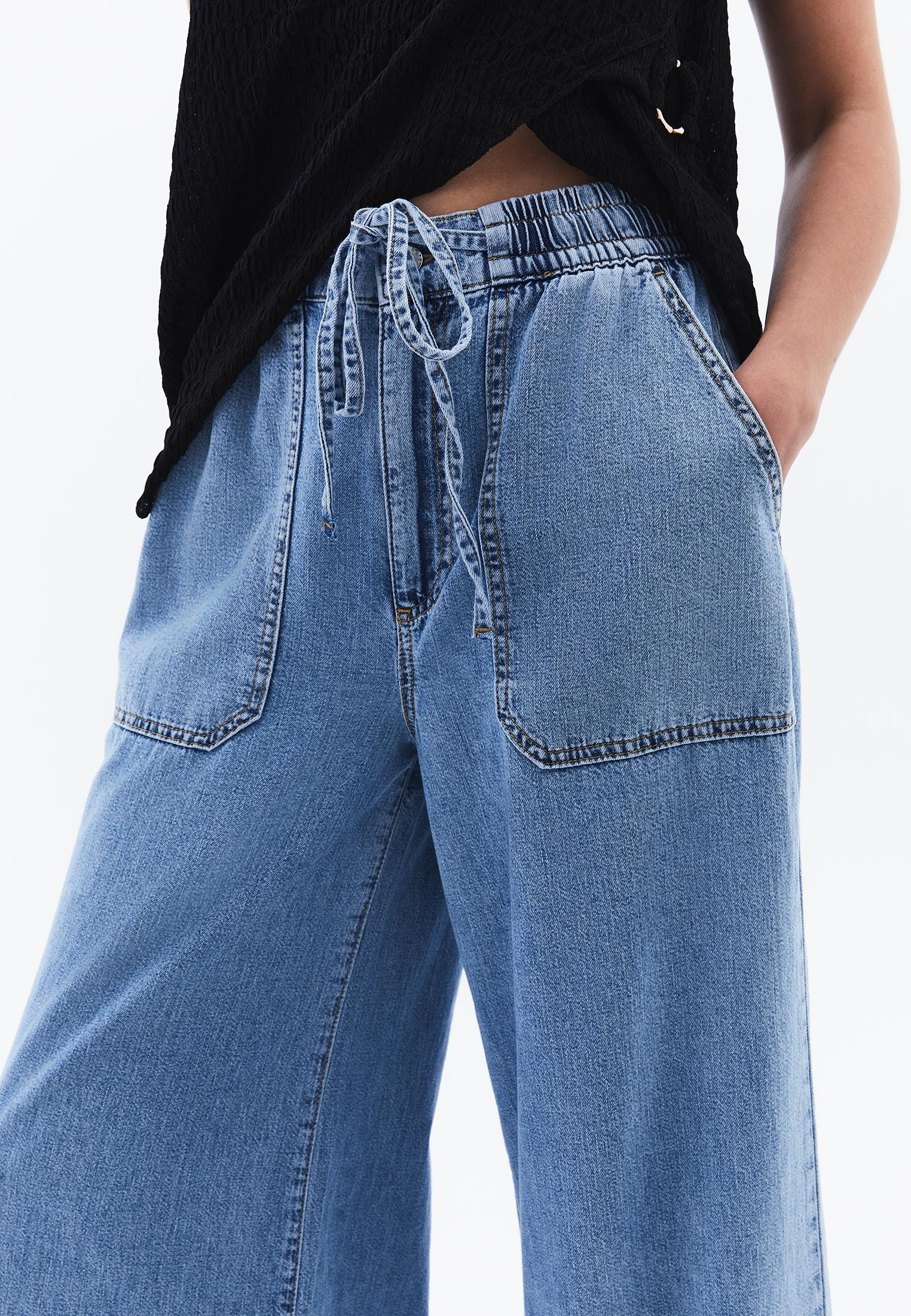 High Waist Wide Leg Long Denim Pants - LIGHT BLUE DENIM