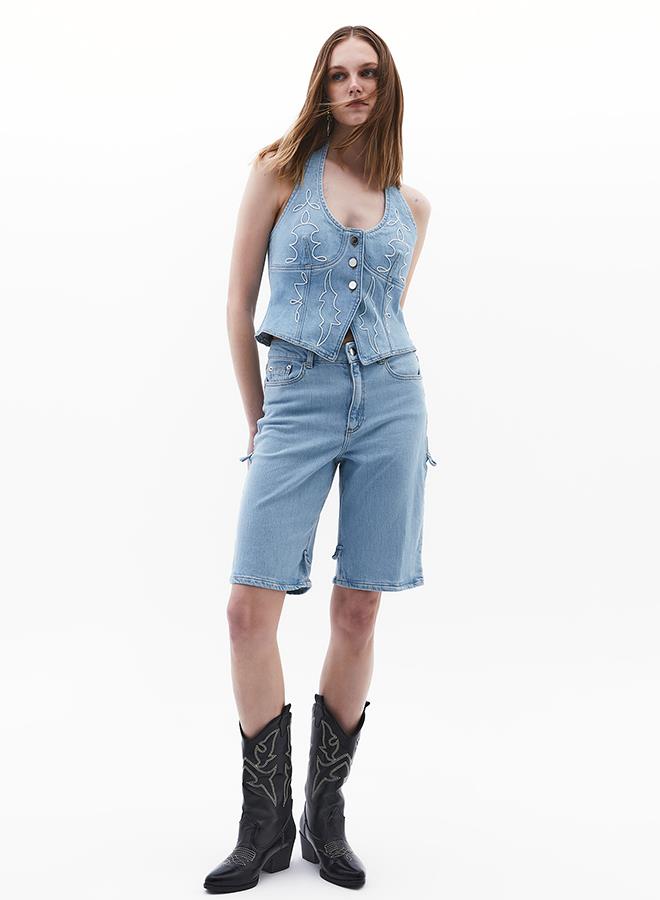 Embroidered High Waist Denim Pants - LIGHT BLUE DENIM