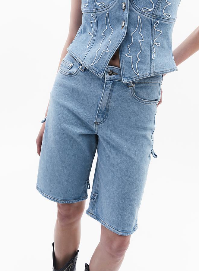 Embroidered High Waist Denim Pants - LIGHT BLUE DENIM