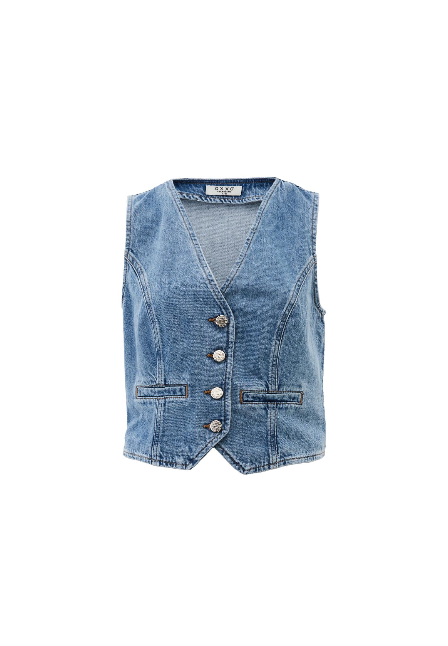 Sleeveless Vest With Button Details And V Neckline - LIGHT BLUE DENIM
