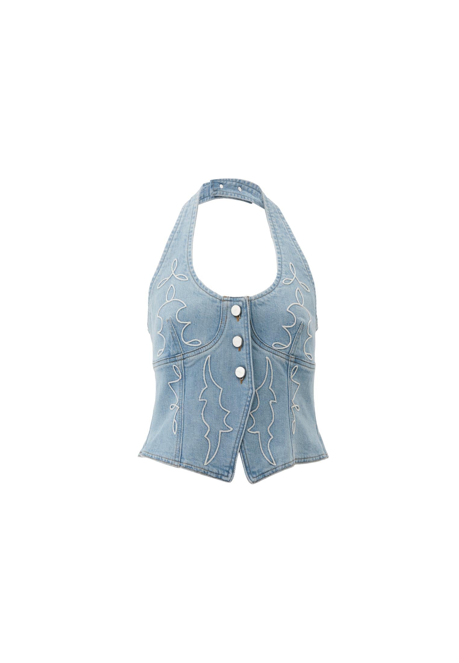 Halter Neck Denim Vest - LIGHT BLUE DENIM