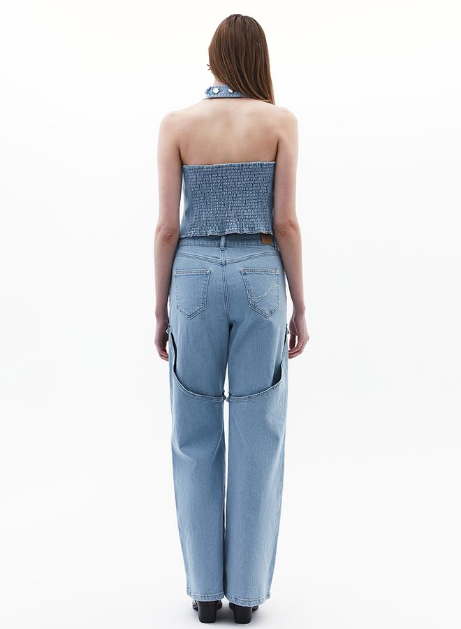 Embroidered High Waist Denim Pants - LIGHT BLUE DENIM