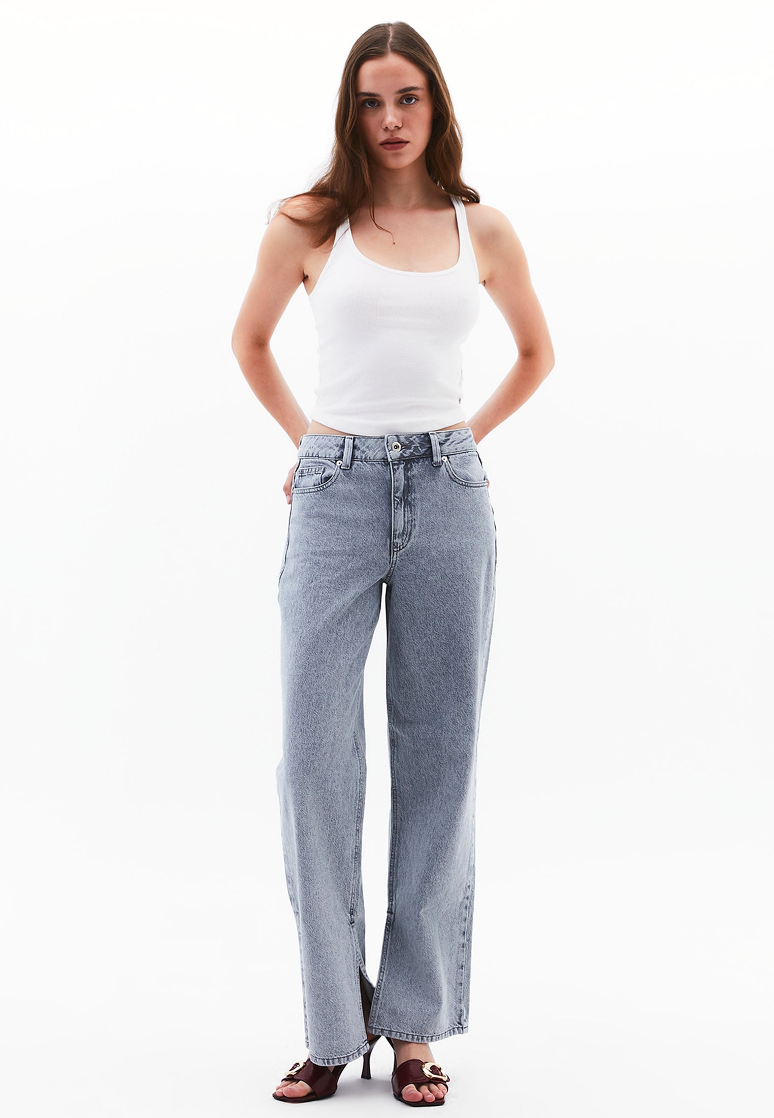 Straight Leg Five Pocket Denim Pants - LIGHT GREY DENIM