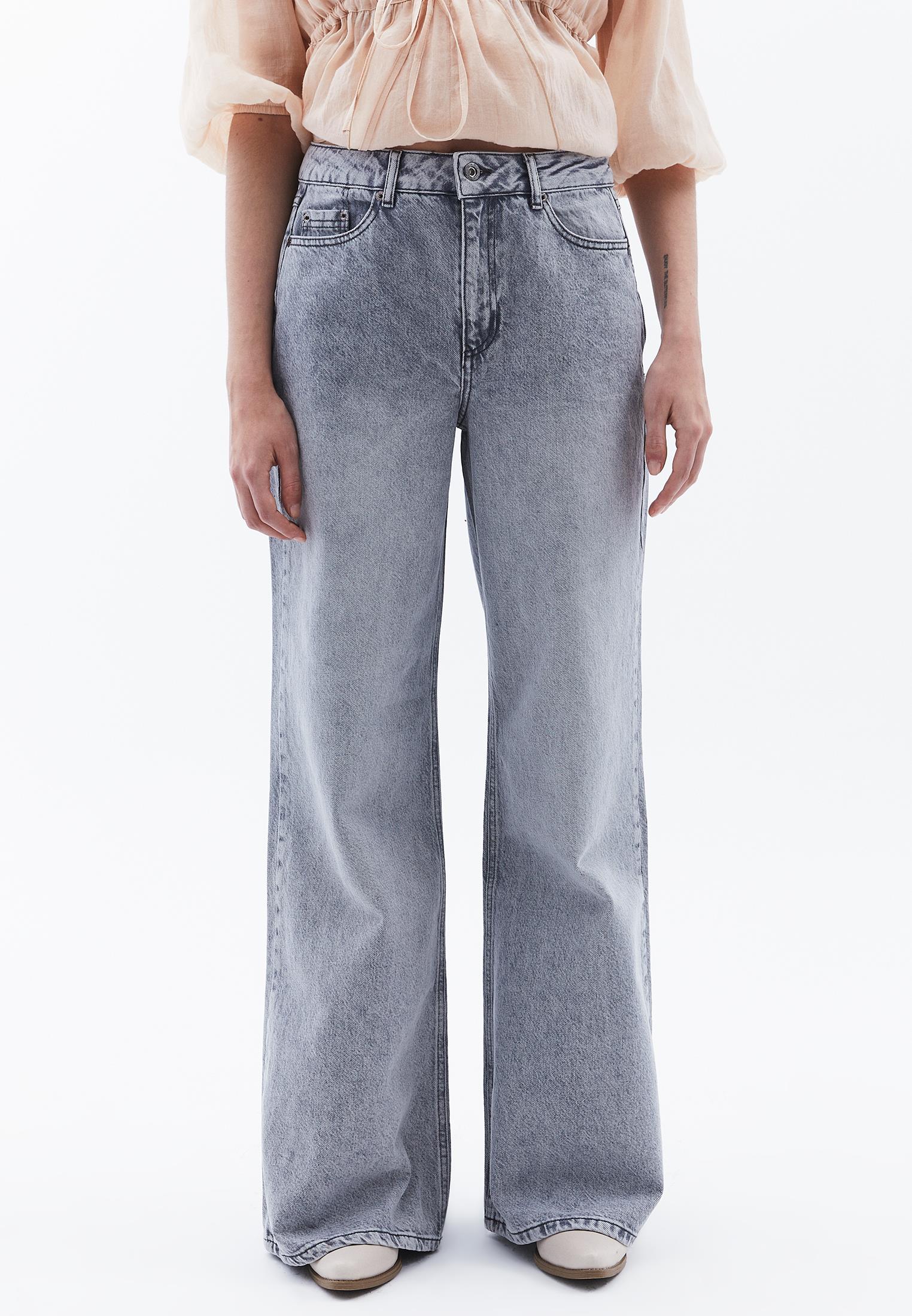 Wide Leg Pants High Waist Five Pockets - LIGHT GREY DENIM