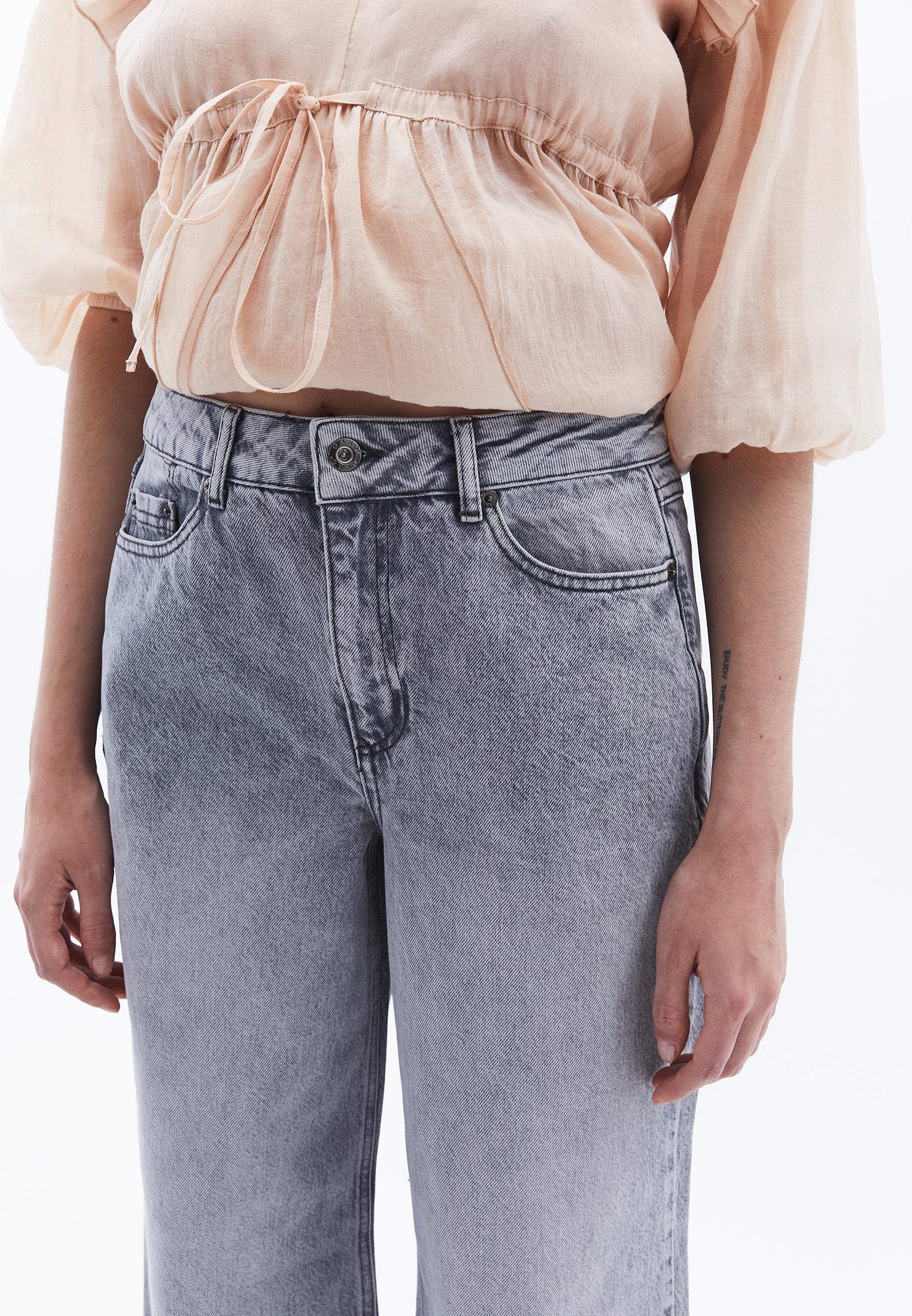 Wide Leg Pants High Waist Five Pockets - LIGHT GREY DENIM