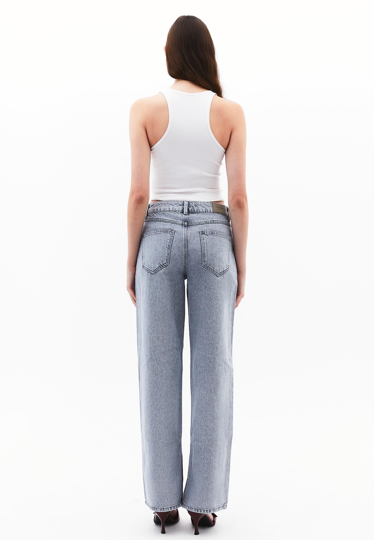 Straight Leg Five Pocket Denim Pants - LIGHT GREY DENIM