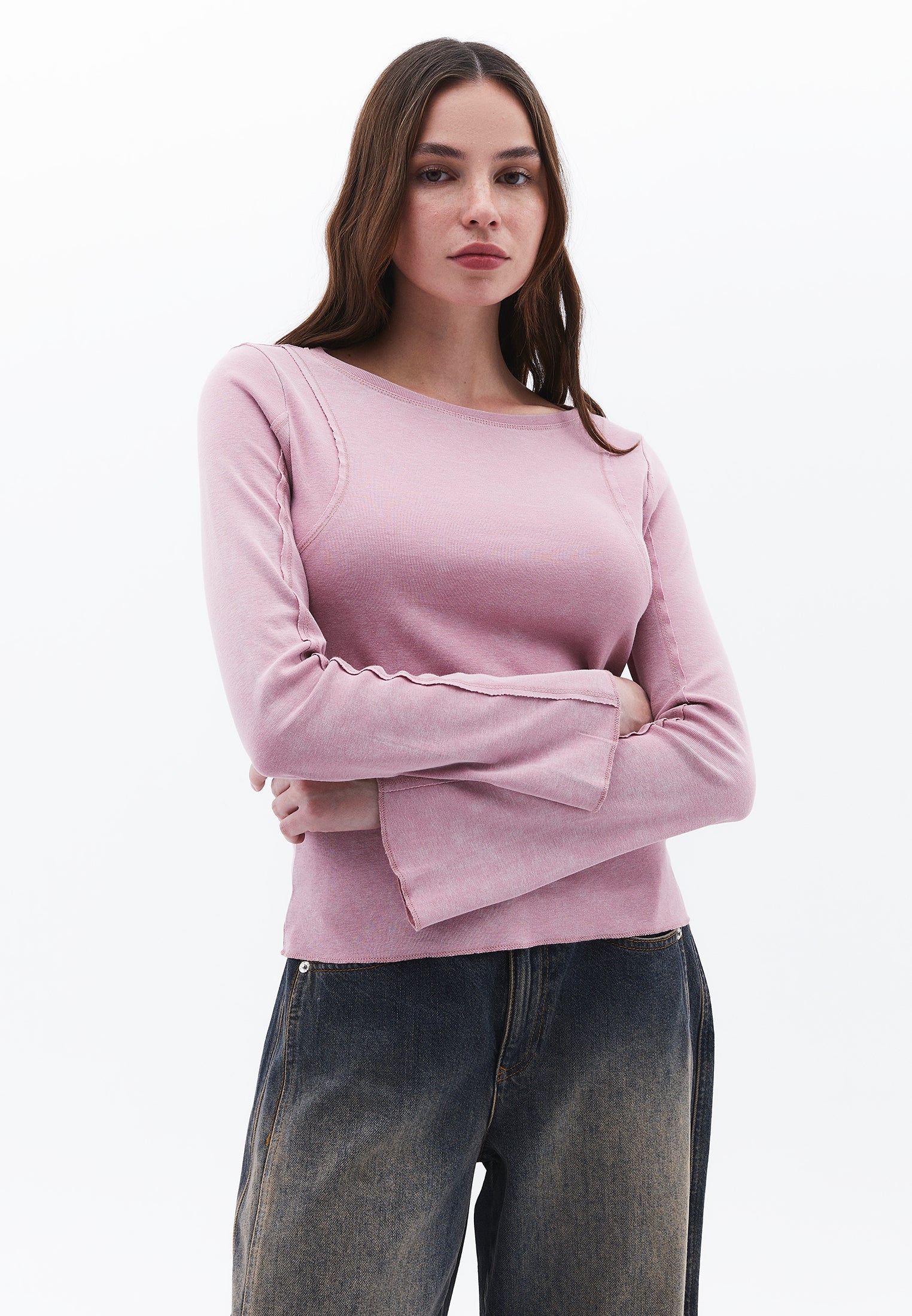 Boat Neck Long Sleeve Flared Sleeve T-Shirt - LILAS